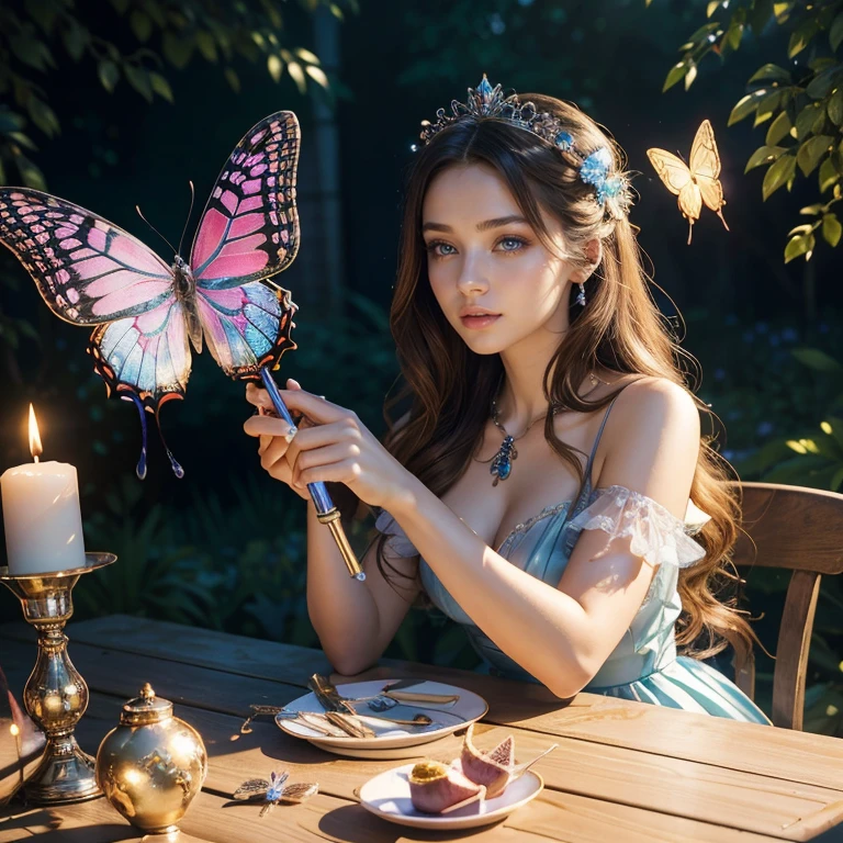 (​masterpiece, best quality:1.5), highest quality, High resolution, super detailed, Realists, Upper body photo of a brunette young magical girl, detailed and beautiful eyes, beautiful detailed lips, very detailed eyes and face, longeyelashes, shiny light blue satin dress, Holding a magic wand in your hand, Cast a transformation spell, With her stick she turns spiders into butterflies, Glowing wands available,Beautiful and colorful makeup, elegant and noble々The jewelry bag, Gardens as background, soft daylight, bright colors, fine brushstrokes, Portrait style, Silk dress fabric, beautiful color palette, glowing skin, First-class rendering, that captures every detail, enchanting atmosphere, subtle shadows and lights, (perfect ???????:1.2), (The stunning Magical Girl turns spiders into butterflies. on the table(a transformation with the magic wand:1.4), (magnificent panorama view:1.2)