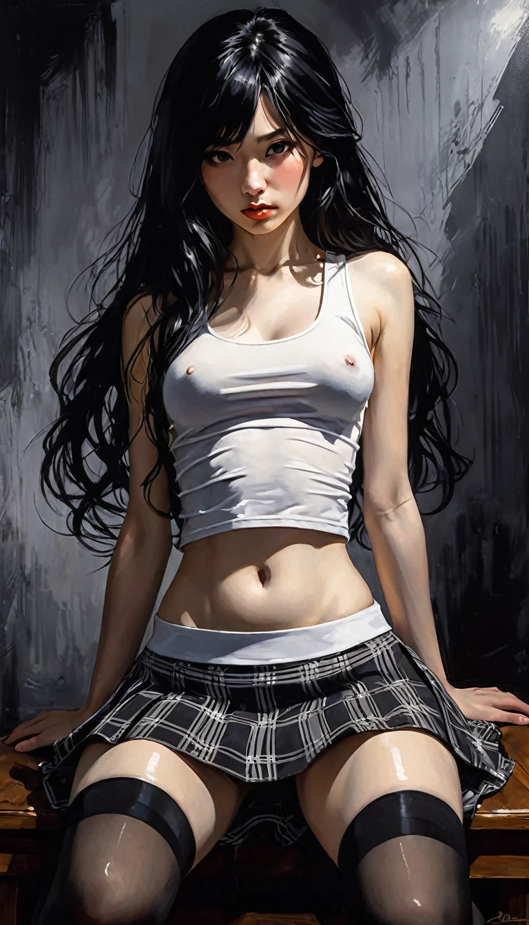 girl with long black hair, very small tits, sexy plaid miniskirt, stockings, tight white tank top, marked nipples,
{{{,{cowgirl sex, girl on top, straddling, sit astridepleated skirt, penis in vagina,}}},cute,ultra detailed skin,sketch}}},, eroticism, sexy, white image and black, between shadows, oil painting, chiaroscuro, sensual, dramatic lighting, moody atmosphere, photorealistic, intricate details, masterpiece, ultra-detailed, high quality, 8k, best quality, realistic, cinematic, Dark and melancholic composition, expressionistic and powerful , emotional impact, art inspired by Bill Sienkiewicz.