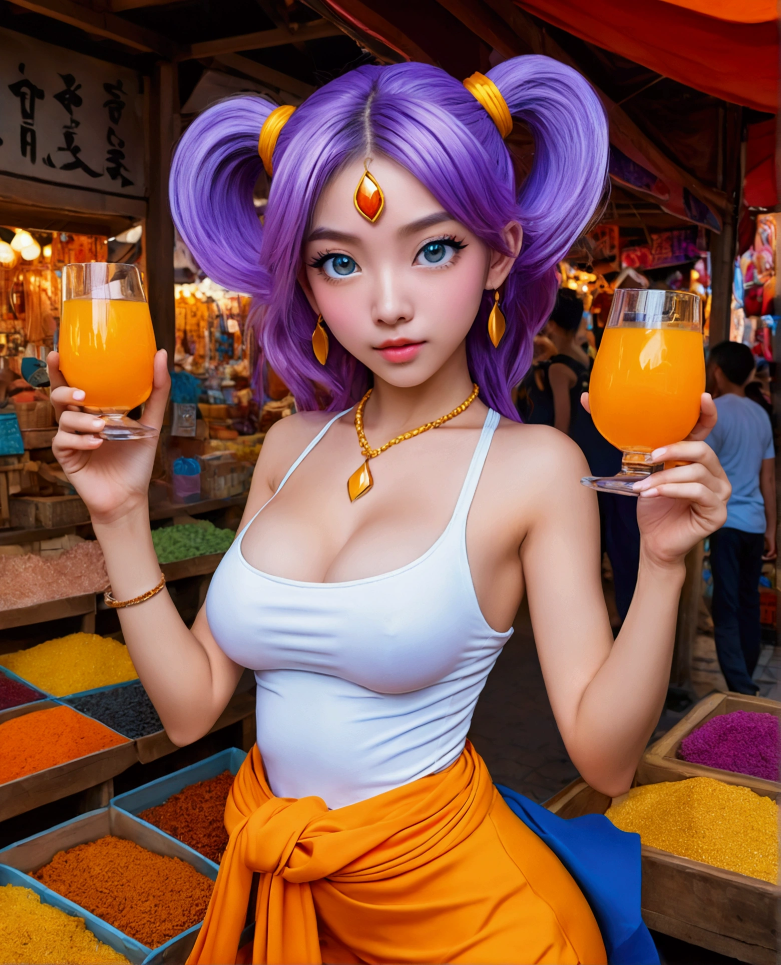anime manga in 4D vivid colors high quality sombria art sexy seios duros rígidos empinados tits Goku + nami lol fênix Portrait front view of a girl standing in a mystical marketplace with purple gold hair in a flowing ponytail in a dynamic pose she is holding a glass of bubbling potion out to the view blue eye in the background are busy vendors and magical light and smoke from the various market stalls anime style intricate detailed bright colors arco íris fantasy concept art digital art intricate oil on canvas