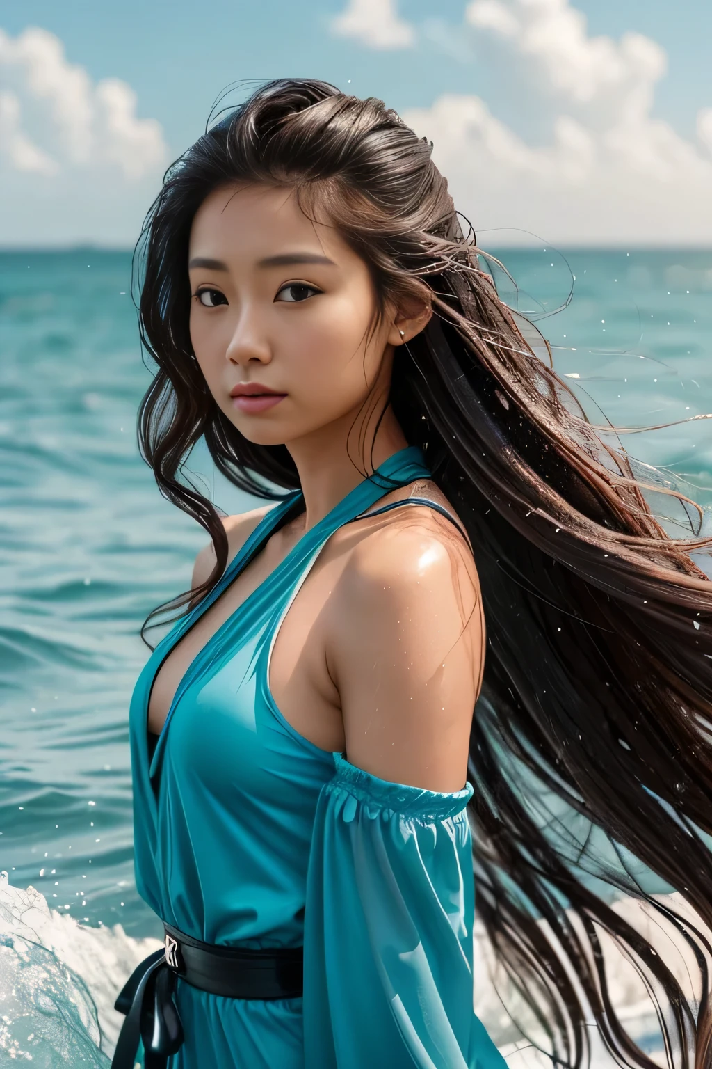 foreground: a beautiful woman (Cristy Ren), wet wavy hair in the wind. She is a men's magazine model, She has a subtle smile and flirts with the camera, (She wears a casual shirt with a knitted sweater and latex pants with a big belt:1.2), Scotland Loch background landscape and Scottish castle ruins, (in the light of the sunset:1.2), , perfects eyes, perfect hands, perfectbody, perfect hair, perfect big breast, Hair behind the ear, ultra HD, retina, work of art, precise, anatomically correcte, texturized skin, super detaill, High details, high qualiy, awardwinning, best qualityer, high resolution, 16K, 8k,