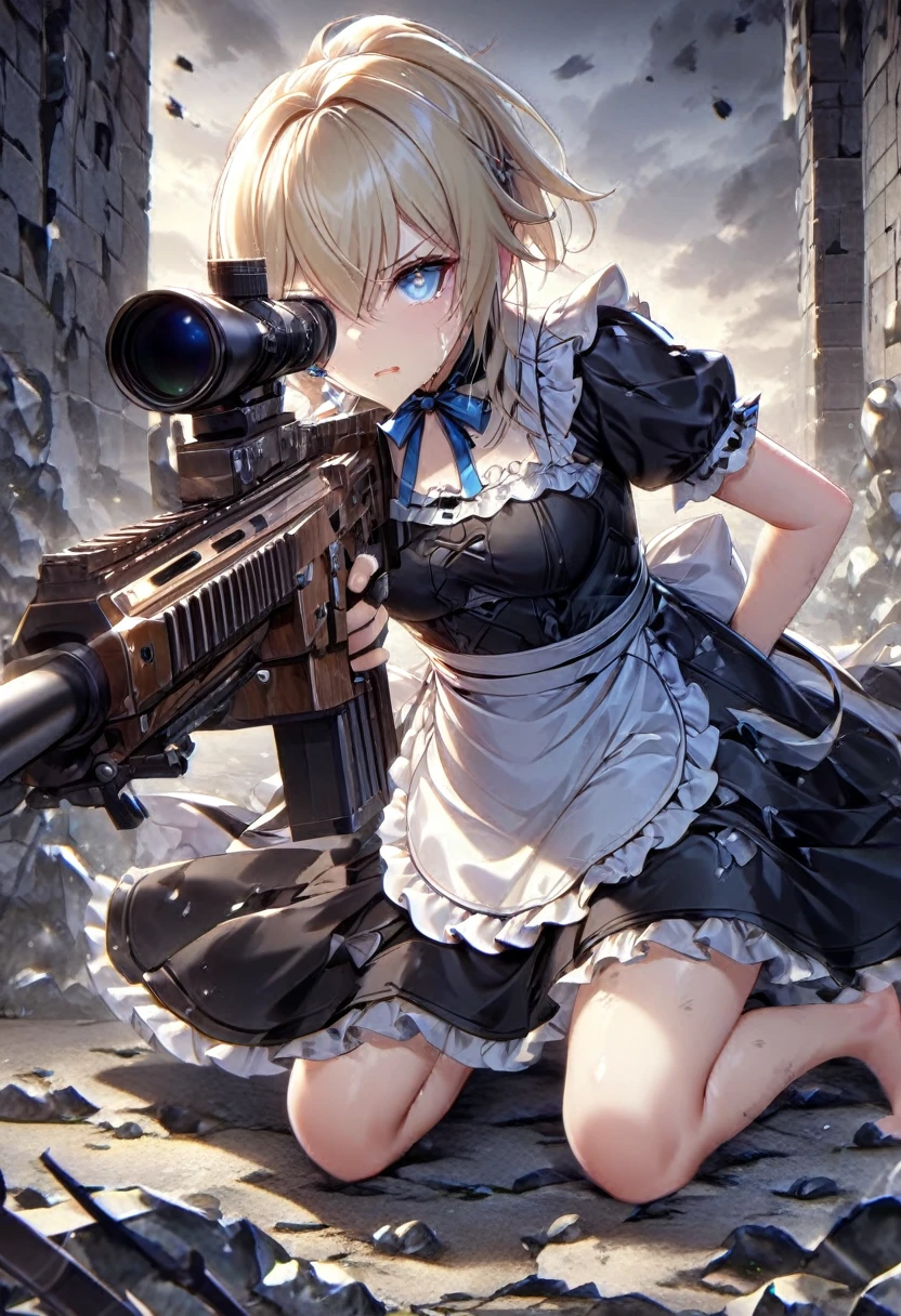 ((Highest quality:1.6)), ((Ultra-high resolution:1.6)), ((Masterpiece:1.6)), (Very detailed:1.6), (Perfect Face:1.6), (Detailed illustrations:1,4), (Perfect Eyes:1.6), (Detailed eyes:1.4)girl, cute, (The cuteness of an angel, Mouth is open, ), (Blonde, Small breasts, Black Dress, White apron, Blue ribbon, Apron dress, Classic maid outfit, shoes, barefoot, Long:1.4), (Sniper from the top of the castle walls, sniper rifle:1,4), Castle Defense, (Looking through the scope, ready to shoot, Aiming for prey, Kneeling, Side angle, Obstacles such as low rocks and walls:1.4), (Barret M82:1,4), Sniper Rifle, profile, Gunfight, (Stains on clothes:1,4), (Dirty with ash and soot:1,3), (Tears in clothes:1,4)