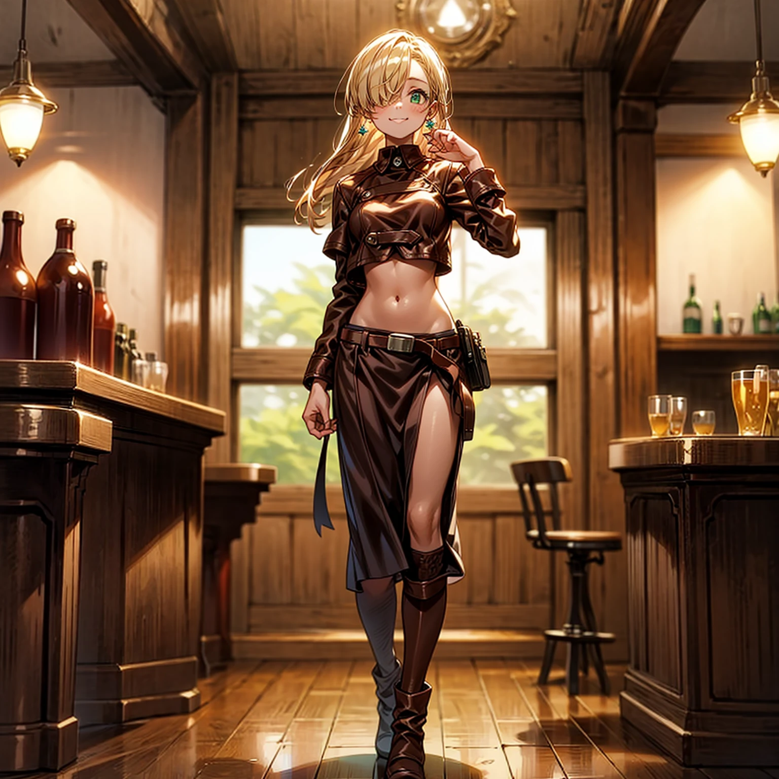 Solo character, full body version, girl, blonde hair, long haircut, one eye covered by hair, green eyes, cute face, sad eyes, smile mouth, crop top, Brown leather jacket, long skirt, gold bracelet, diamond earrings, boots, standing gesture, hand gun in hand, indoor room bar, detailed background, detailed clothing, detailed hair, detailed face, standing gesture