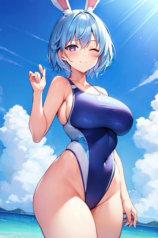 1girl, light blue hair, blue hair, very short hair, one eye closed, purple eyes, large breasts, thick thighs, hourglass figure, cute face, light smile, beach, one-piece swimsuit, ((competition swimsuit)), blue one-piece swimsuit, rabbit ears, animal ear fluff