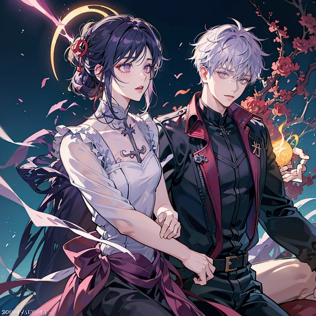 There was a faint purple box floating in front of him.

There is a red eye pattern on it, handsome guy, 18 years old,

White short hair, purple eyes,

A pentagram pattern is reflected in the pupils and asymmetrical bangs

Wearing a blue T-shirt, serious expression, red streamer,

Exquisite energy particles, flame lightning,

Surrounded by magic circle, fantasy space, anime style illustration,

Jujutsu Kaisen anime style, anime art style,

HD anime art style, high quality, high resolution.

Bright colors and detailed character designs 00001