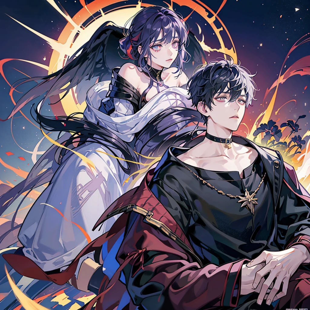 There was a faint purple box floating in front of him.
There is a red eye pattern on it, handsome guy, 18 years old,
White short hair, purple eyes,
A pentagram pattern is reflected in the pupils and asymmetrical bangs
Wearing a blue T-shirt, serious expression, red streamer,
Exquisite energy particles, flame lightning,
Surrounded by magic circle, fantasy space, anime style illustration,
Jujutsu Kaisen anime style, anime art style,
HD anime art style, high quality, high resolution.
Bright colors and detailed character designs 00001