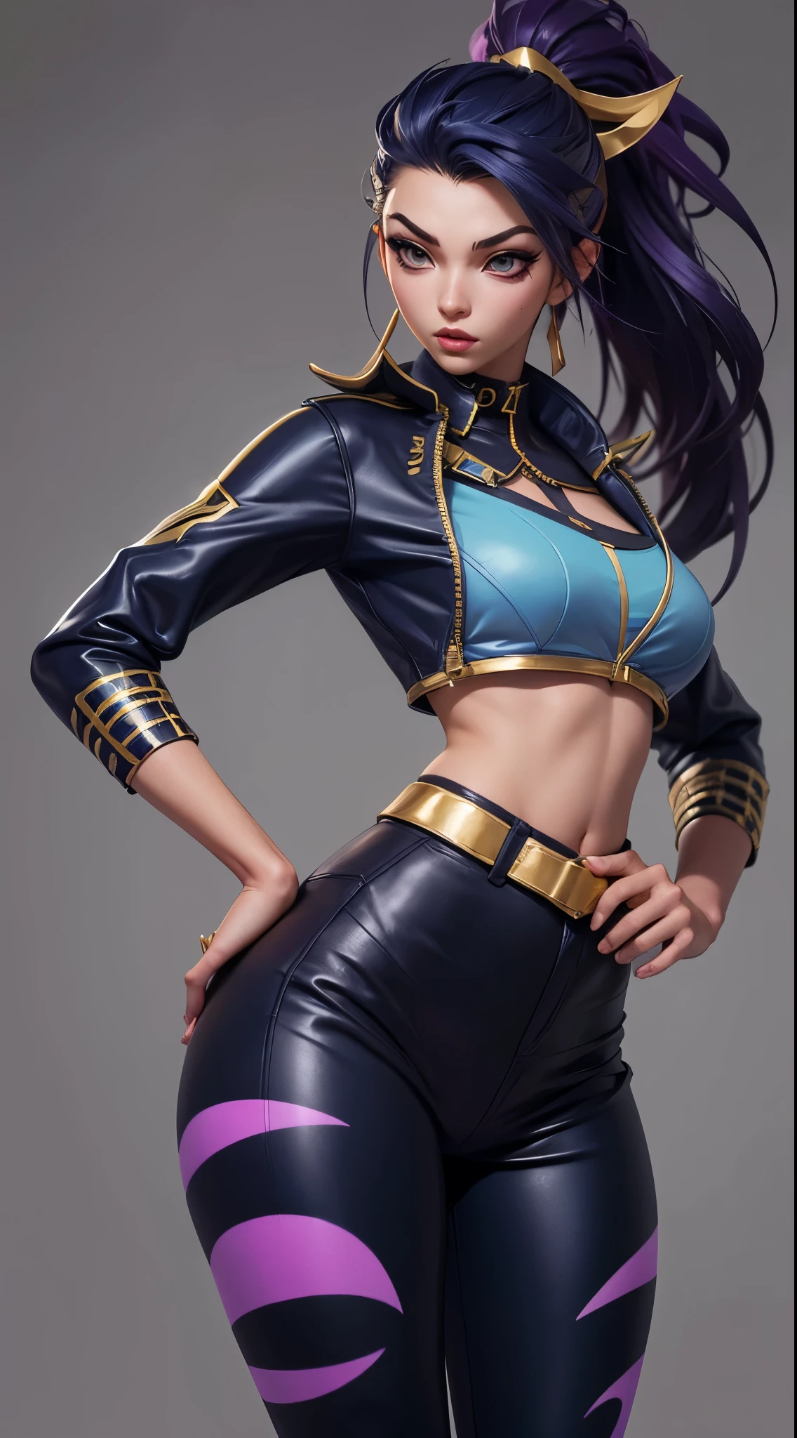 Kda akali, front view, big ass, perfect breast, beautiful, sexy, slim, cute, highly detailed, deep focused image, realistic full-lenght photo, sexy gold jumpsuit, skids