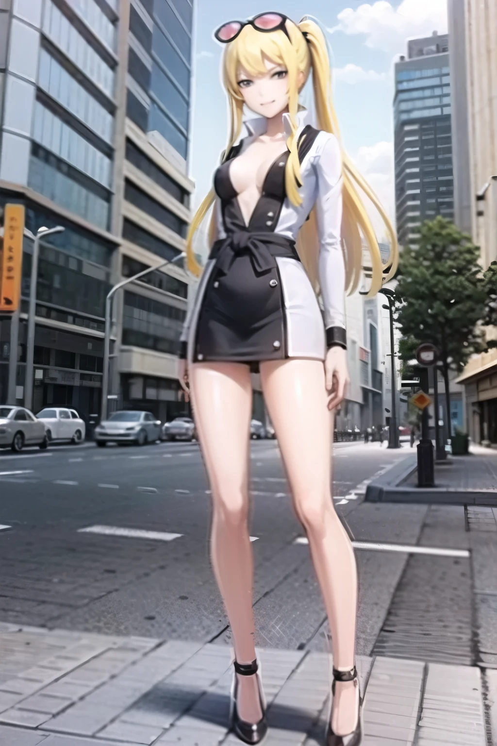 ((Best Quality)), ((masterpiece)), (detailed), 1 woman, Kyoko Kuremi, Full body image, , He has long blue hair, perfect body, perfect face, He is standing in the middle of the street, He is smiling, has one arm extended pointing forward