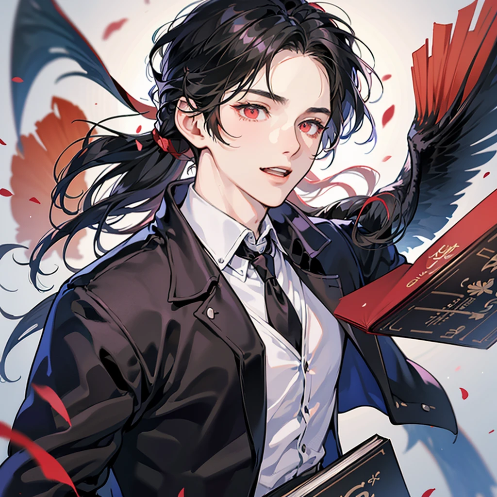 Anime style, high definition, blurred background, delicate lines,

High quality, a 20-year-old man with short black flowing hair,

Red eyes, wearing a black jacket and a white inner shirt,

Front view, laughing expression, face close-up,

A huge magic book appeared behind him, standing on a high platform,

A huge base interior