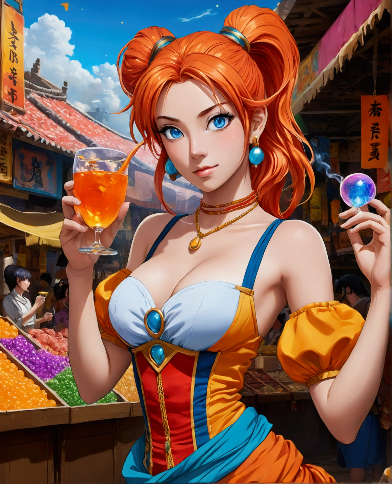 anime manga in 4D vivid colors high quality sombria art y seiros rígidos empinados tits Goknami lol fênix Portrait front view of a girl standing in a mystical marketplace with red gold hair in a flowing ponytail in a dynamic pose she is holding a glass of bubbling potion out to the view blue eye in the background are busy vendors and magical light and smoke from the various market stalls anime style intricate detailed bright colors arco íris fantasy concept art digital art intricate oil on canvas