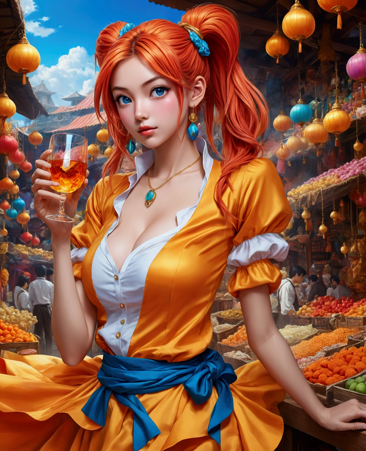 anime manga in 4D vivid colors high quality sombria art sexy seios duros rígidos empinados tits Goku + nami lol fênix Portrait front view of a girl standing in a mystical marketplace with red gold hair in a flowing ponytail in a dynamic pose she is holding a glass of bubbling potion out to the view blue eye in the background are busy vendors and magical light and smoke from the various market stalls anime style intricate detailed bright colors arco íris fantasy concept art digital art intricate oil on canvas