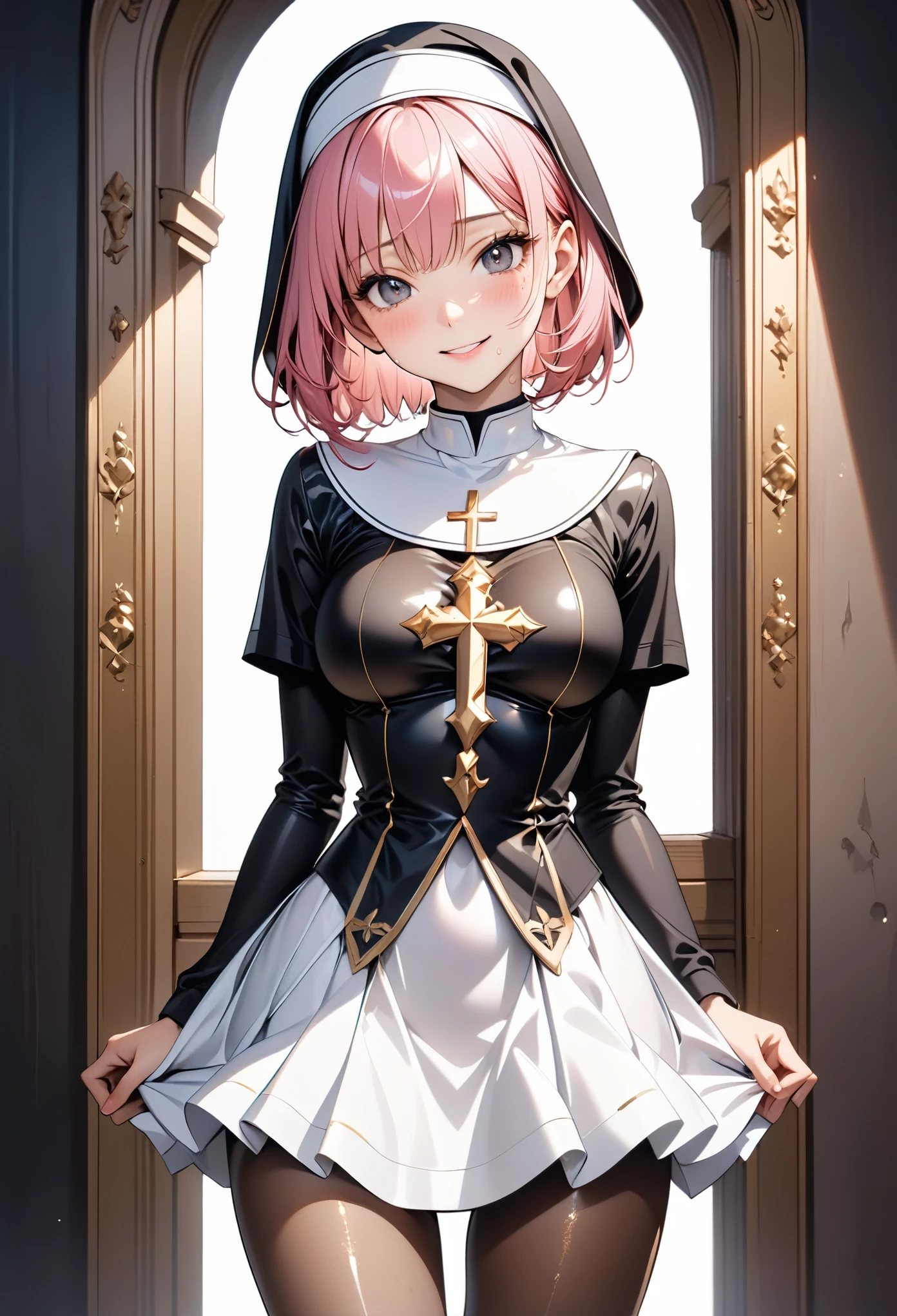 ((Golden decoration)), ((traditional nun)), ((skirt)), ((pantyhose)), ((shiny outfit)), skindentation, skinny, alone, solo, 1 woman, Masterpiece, highest quality, highest quality, 16K, incredibly absurd, highly detailed, 2.5D, ai-generated, delicate and dynamic, very delicate facial expressions, delicate eye depiction, erotic, only sexy woman, ((A cute and kind face)), healthy figure, ((25-year-old woman)), 160cm tall, ((medium firm swaying bust)), medium breasts, (short hair), (pink hair:1.5), bob cut, black eye, blush, Sweat,Embarrassed,sexy, ((thin thighs)), (camel toe:0.7), (visible nipples:0.5), (Erect nipples,:0.7), shiny and lustrous, facing straight at viewer, smile, ((Oily_skin)), dark skin, ((standing)), ((arm at side)),
