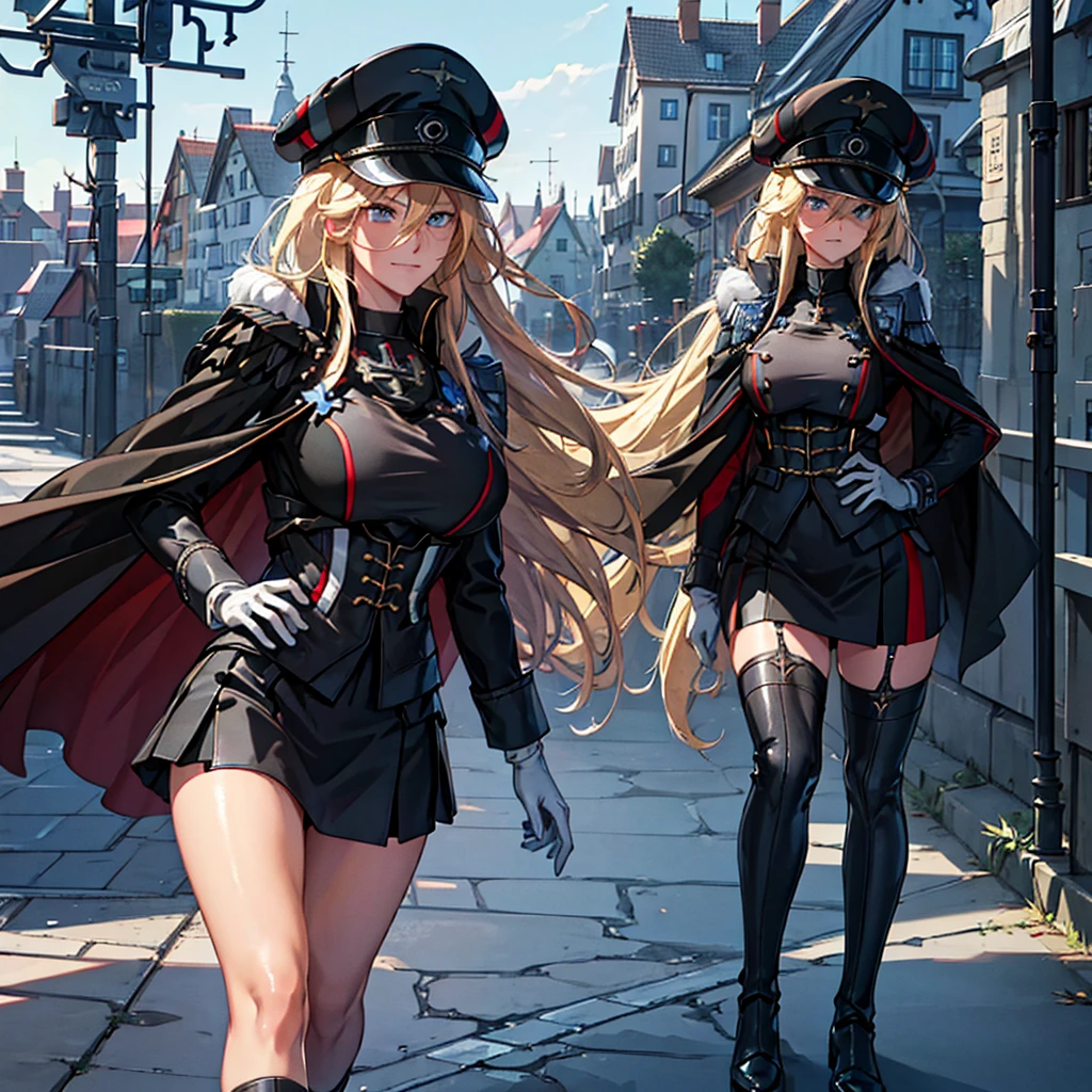 (KMS Bismarck, Azur Lane), wearing black military uniform, blonde hair, long hair, ice blue eyes, black skirt, black fur cape with white details, standing posture, military hat, walking on a concrete sidewalk in a garden , traditional German town in the background, German houses in the background, smiling, big breasts. .UHD, masterpiece, accurate, anatomically correct, textured skin, super detail, high quality, best quality, 8k, high resolution, bokeh effect.(solo woman),white gloves
