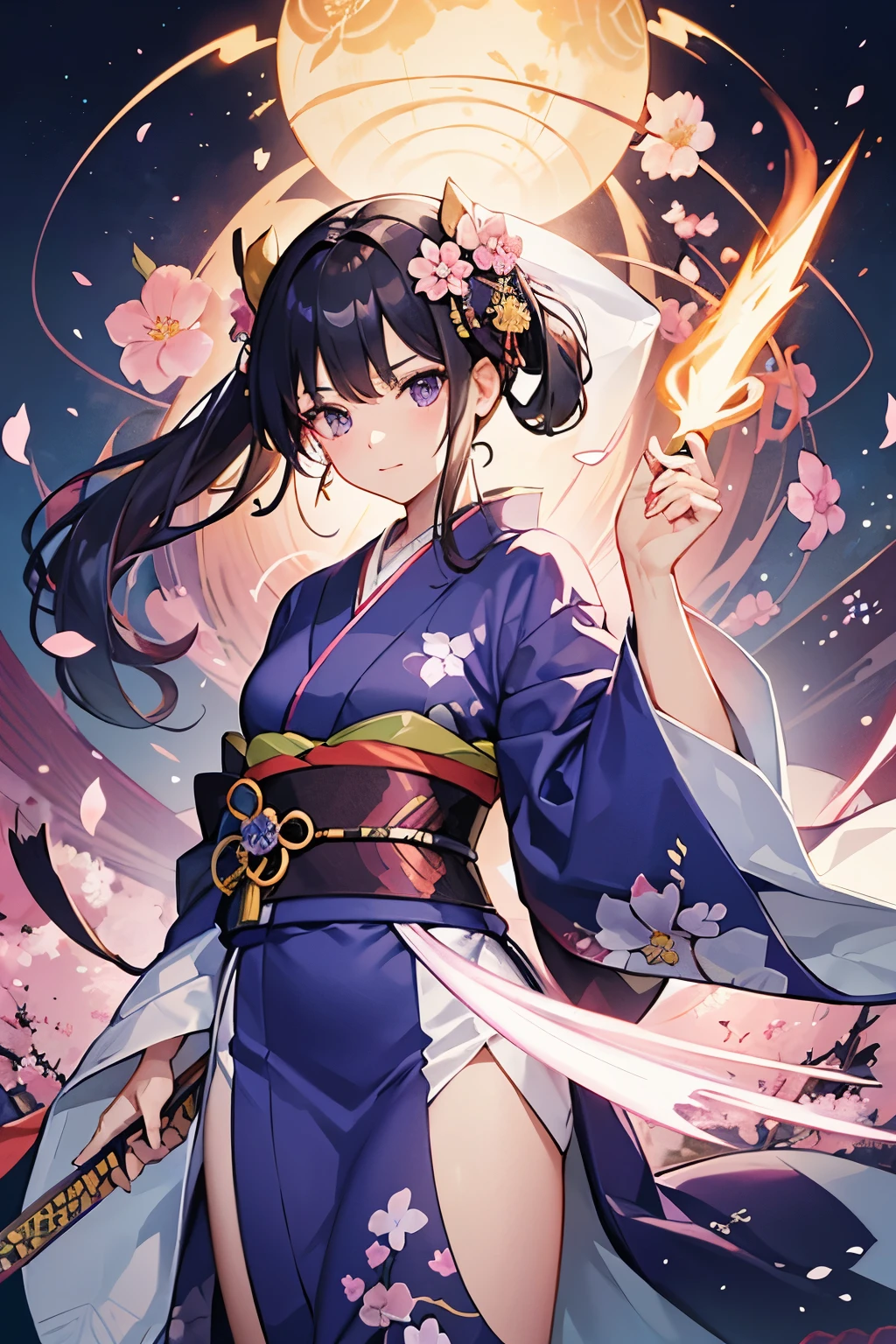 A Female shogunate with purple and pink hair a pueple kimono resembling a yukata, held by an obi around her waist, while mitsudomoe symbols are featured prominently in her design. near a cherryblossom holding her sword that is couverd in purple lightning.