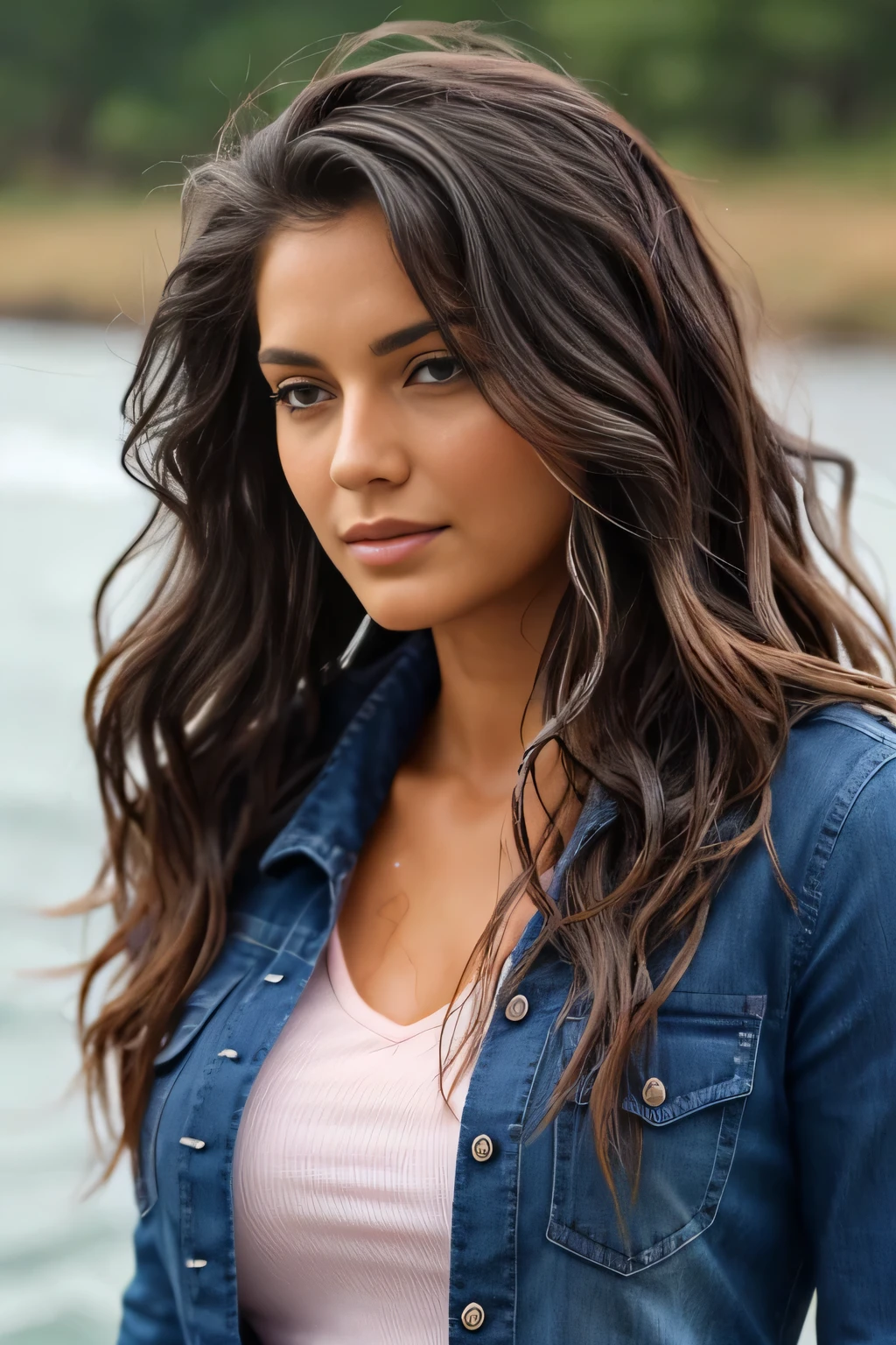 foreground: a beautiful woman , wet wavy hair in the wind. She is a men&#39;s magazine model, She has a subtle smile and flirts with the camera, (She wears a casual shirt with a knitted sweater and latex pants with a big belt:1.2), Scotland Loch background landscape and Scottish castle ruins, (in the light of the sunset:1.2), , perfects eyes, perfect hands, perfectbody, perfect hair, perfect big breast, Hair behind the ear, ultra HD, retina, work of art, precise, anatomically correcte, texturized skin, super detaill, High details, high qualiy, awardwinning, best qualityer, high resolution, 16K, 8k,