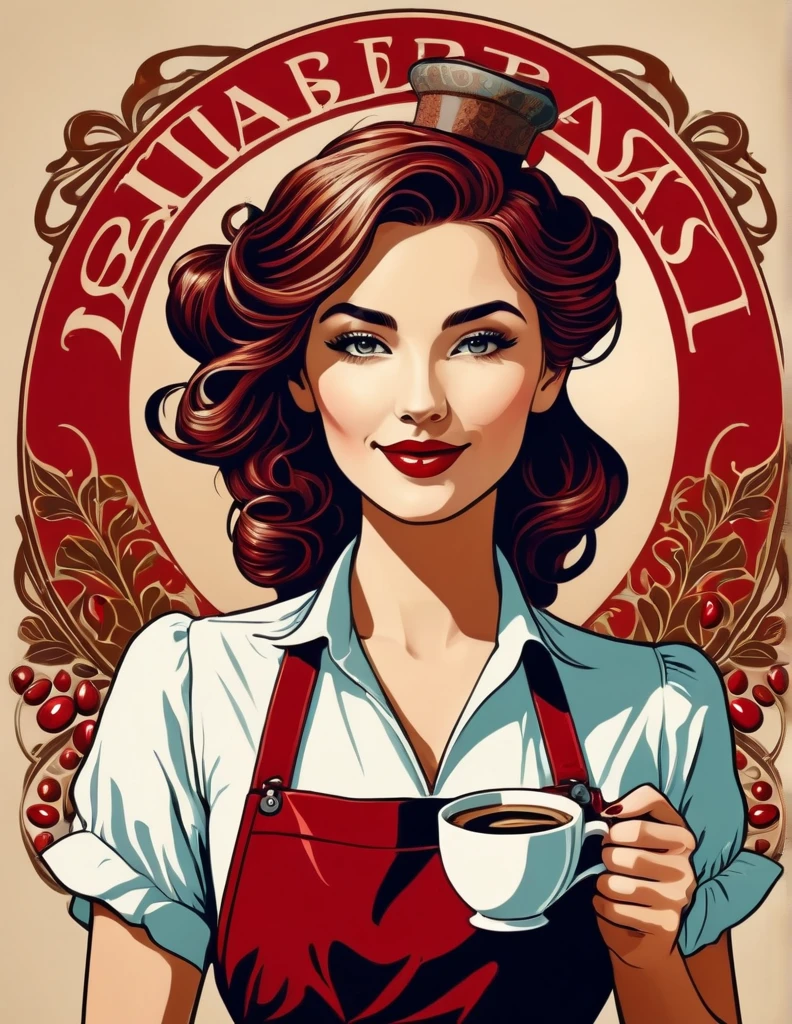 Art Nouveau portrait of an elegant beautiful female Barista with coffee beans, more colors red
