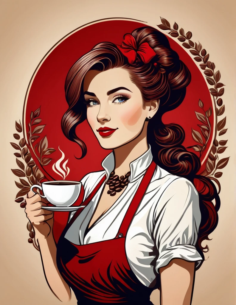 Art Nouveau portrait of an elegant beautiful female Barista with coffee beans, more colors red