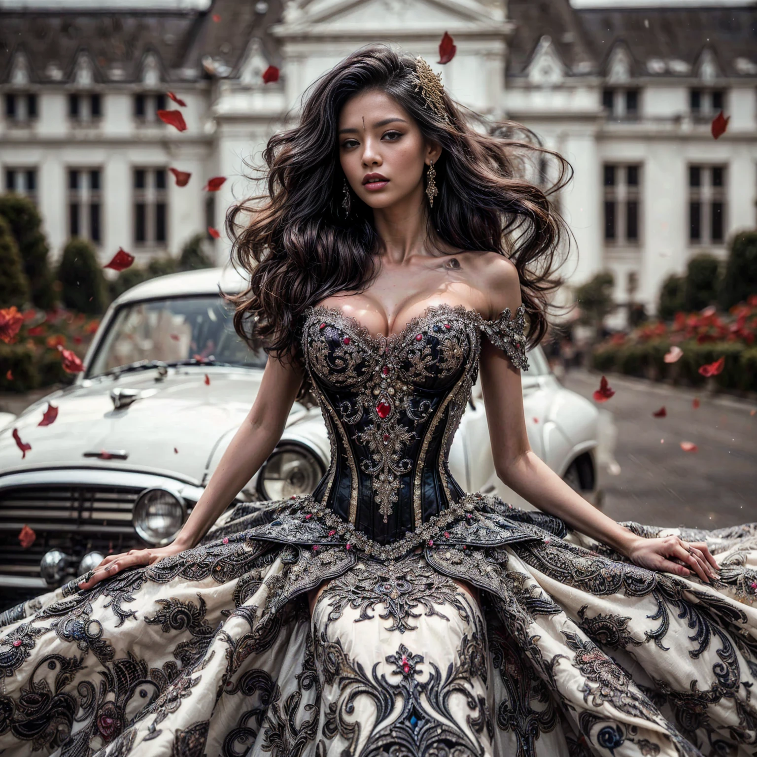 An asian woman fair skin with loose hair, standing on the stairs in the middle of a magical atmosphere, with a predominantly blue and red costume, a strapless metal steampunk corset-style dress decorated with bright purple jewels, a short tutu skirt, black thigh-high latex stockings with lace tops and ornaments purple jewels, white high heels with gold decoration, grand staircase background under mysterious sky full of stars and celestial bodies, crystal detailed, hyper realistic, hyper detail Transparent clothing, Detailed gemstones, masterpiece, best quality:1.2),,(8k,highres,RAW photo,realistic,photo-realistic:1.3),(detailed skin texture,detailed cloth texture, beautiful detailed face:1.25),professional lighting,photon mapping,beautiful soft light,radiosity,physically-based rendering,raytracing, model shoot style, model shoot style, (extremely detailed CG unity 8k wallpaper), full shot body photo of the most beautiful artwork in the world (NSFW), (Nude), (Naked), (Nipple) (pussy) (small pussy) (tight pussy) (metal and glass corset)