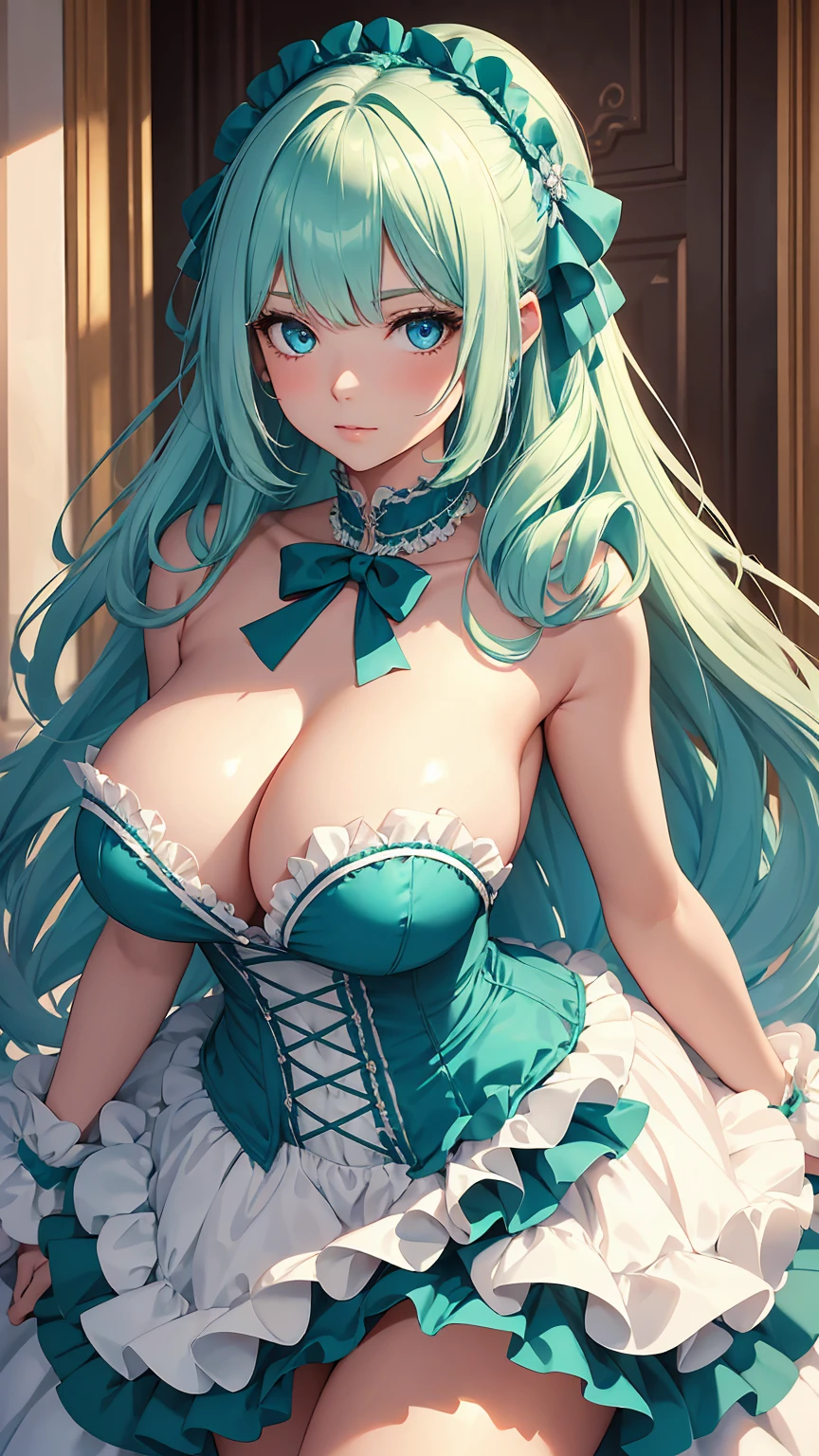 beautiful detailed 25 years old female, wearing Erotic Ruffle Dress: Playful and feminine, featuring ruffles for added texture and detail, beautiful face, blue eyes, shiny white skin, long green hair, slender, ultra large saggy breasts, massive cleavage exposed, random pose