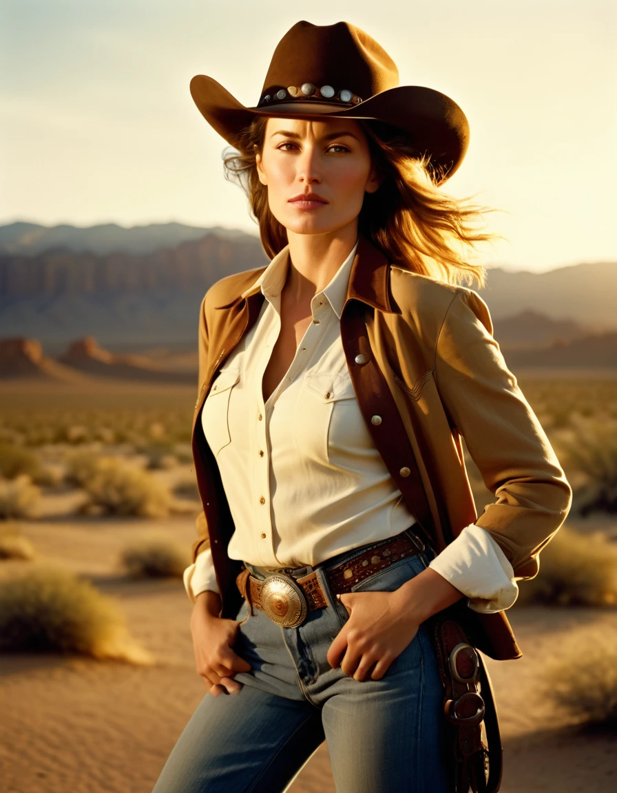 Dramatic photo of a beautiful Western American woman, classic cowboy attire, confident and free spirit expression, half-length portrait, centered, golden hour desert landscape, warm, diffused light, low angle, medium format film camera, in style of Annie Leibovitz.