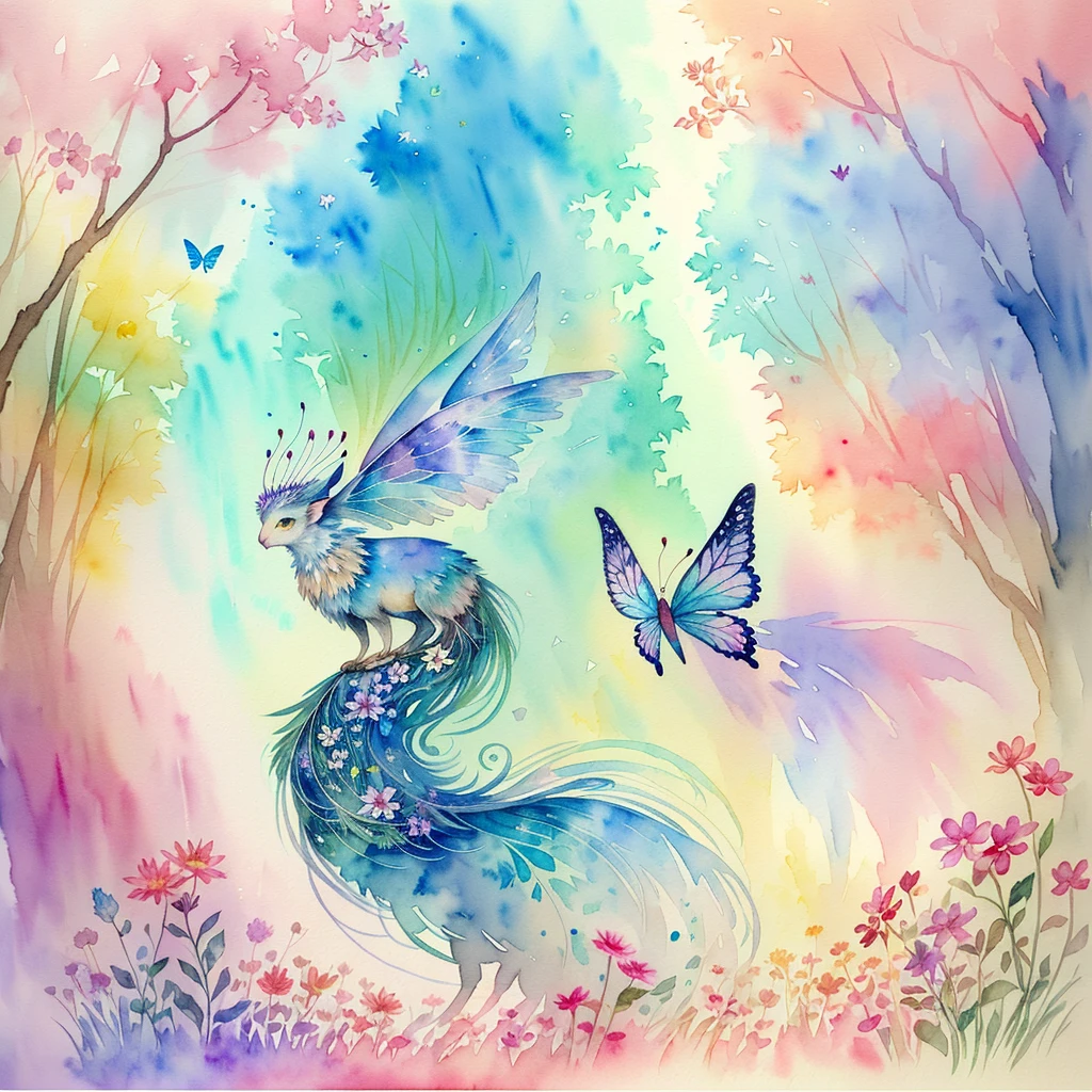 ( watercolor \(medium\), drawing, IrisCompiet:1.2),painting of a multiples animals in a mystical flower field, butterfly, intricate details, god rays, sfw