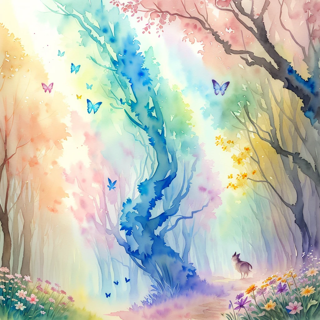 ( watercolor \(medium\), drawing,   IrisCompiet:1.2),painting of  a multiples animals in a mystical flower field, butterfly, intricate details, god rays,  sfw