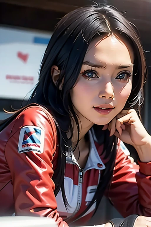 Highest quality High resolution Simple F1 Grand Prix Racecourse Companion cute girl Beautiful face Race Queen 20 years old head to waste