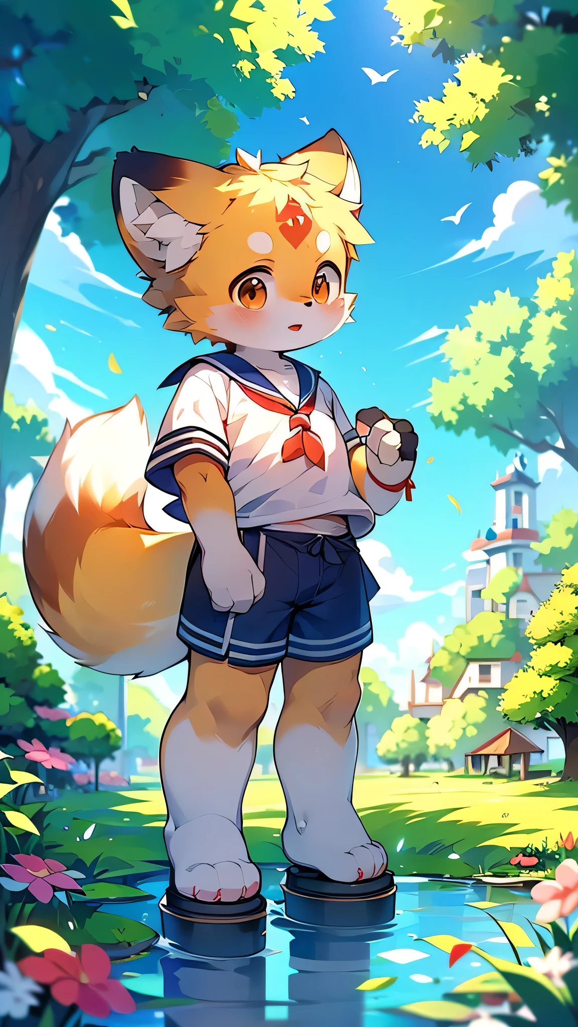 Red Panda Boy,Characteristics of Sailor Suits,super high quality,Very detailed,High resolution,Cute art style in anime,Rice field scenery,:tall stature,pixiv Contest Winner,Official Art,furry animal with a tail,fur art,(Cheerful teenager,13 years old:1.3),alone,single,A man with a pretty face,