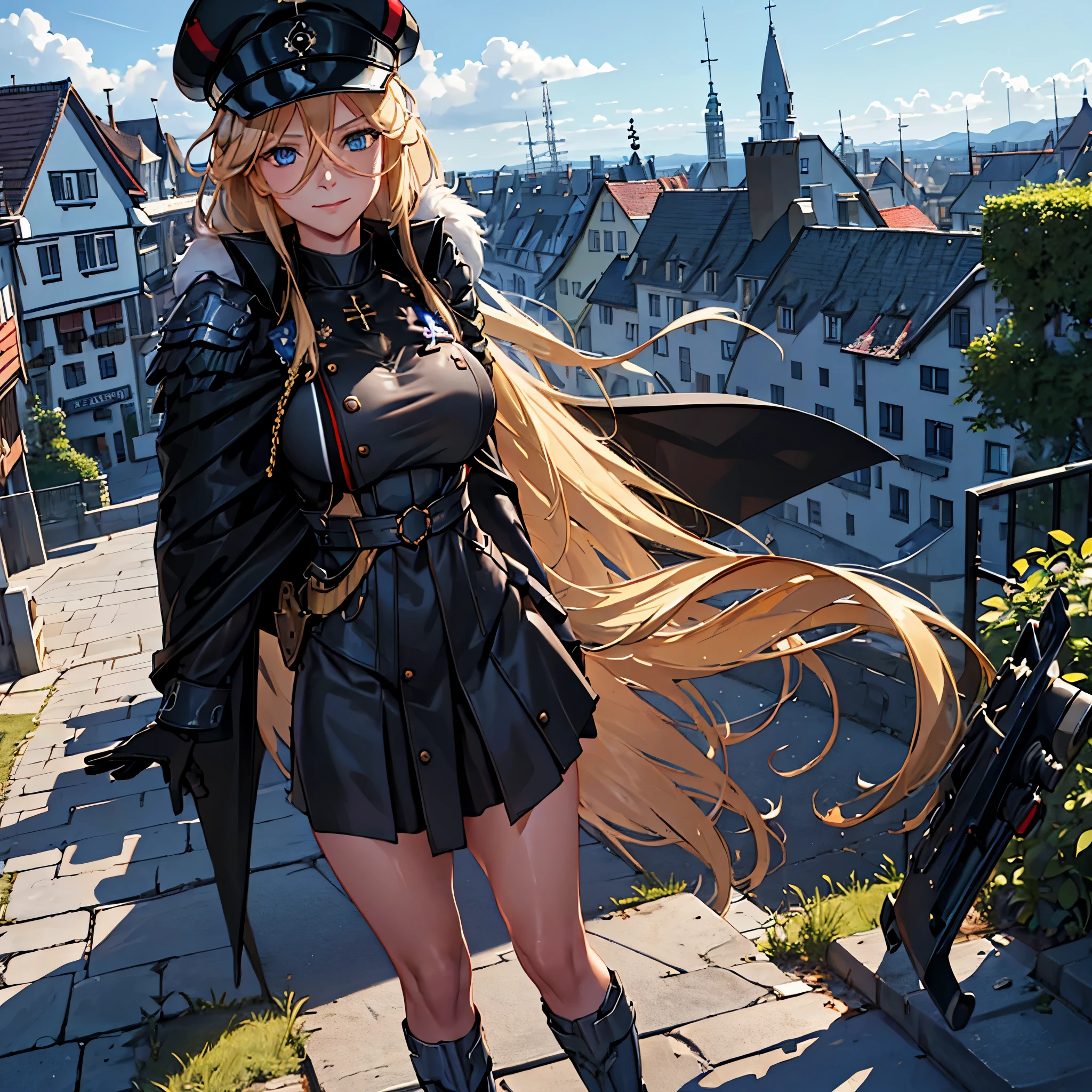 (KMS Bismarck, Azur Lane), wearing black military uniform, blonde hair, long hair, ice blue eyes, black skirt, black fur cape with white details, standing posture, military hat, walking on a concrete sidewalk in a garden , traditional German town in the background, German houses in the background, smiling, big breasts. .UHD, masterpiece, accurate, anatomically correct, textured skin, super detail, high quality, best quality, 8k, high resolution, bokeh effect.(solo woman),white gloves
