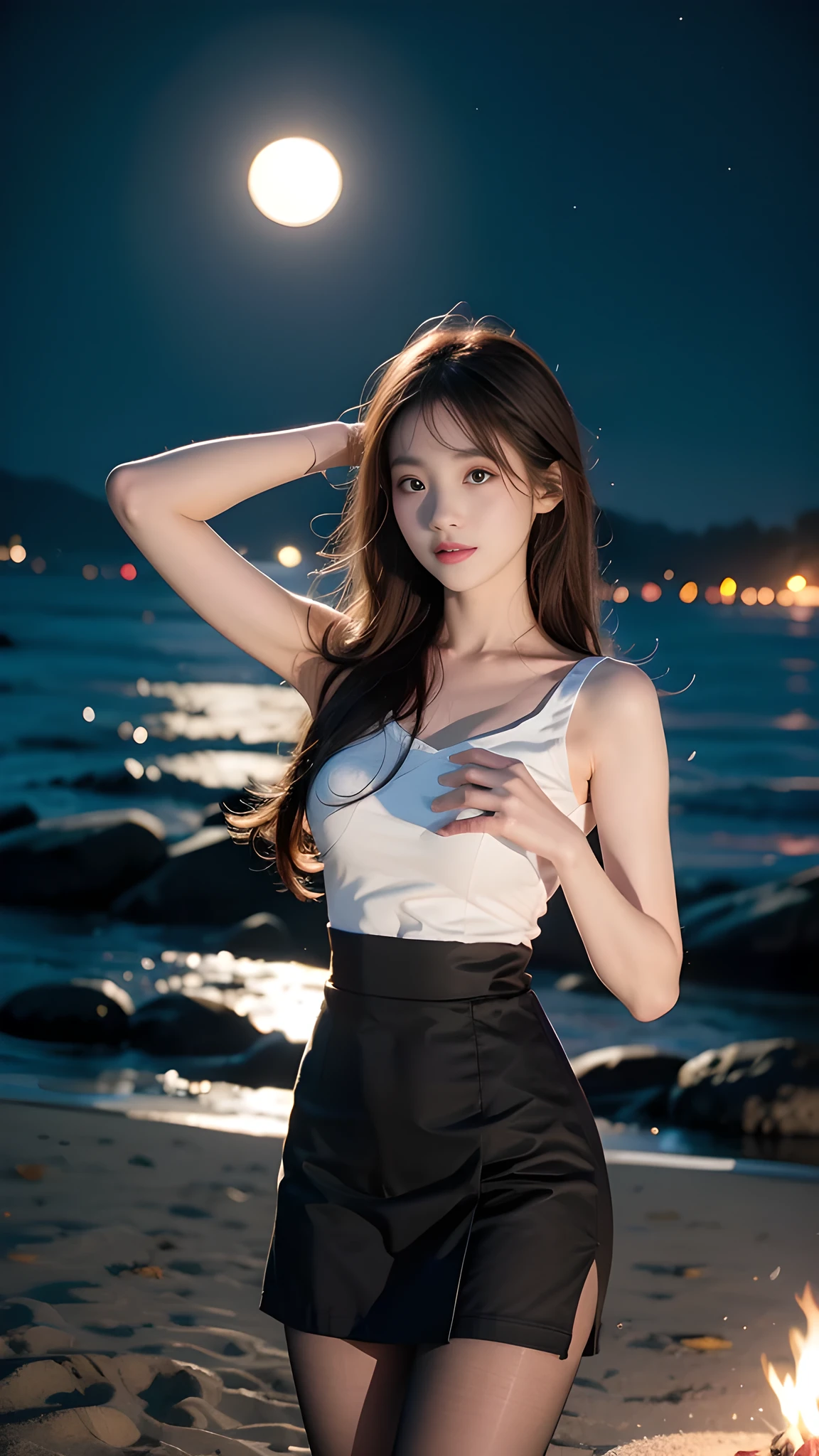 ulzzang-6500-v1.1, (RAW photo: 1.2), (Real photo), (Real photo: 1.4), 1 girl、Perfect anatomy、20 years old、Looking at the camera、Medium length hair、dress, skirt, Dancing by the campfire on the beach at night, with moon and stars, ((by the beach at night: 1.1))、(Hyperrealistic tights: 1.2), (Business service)、Asian eyes Ella,