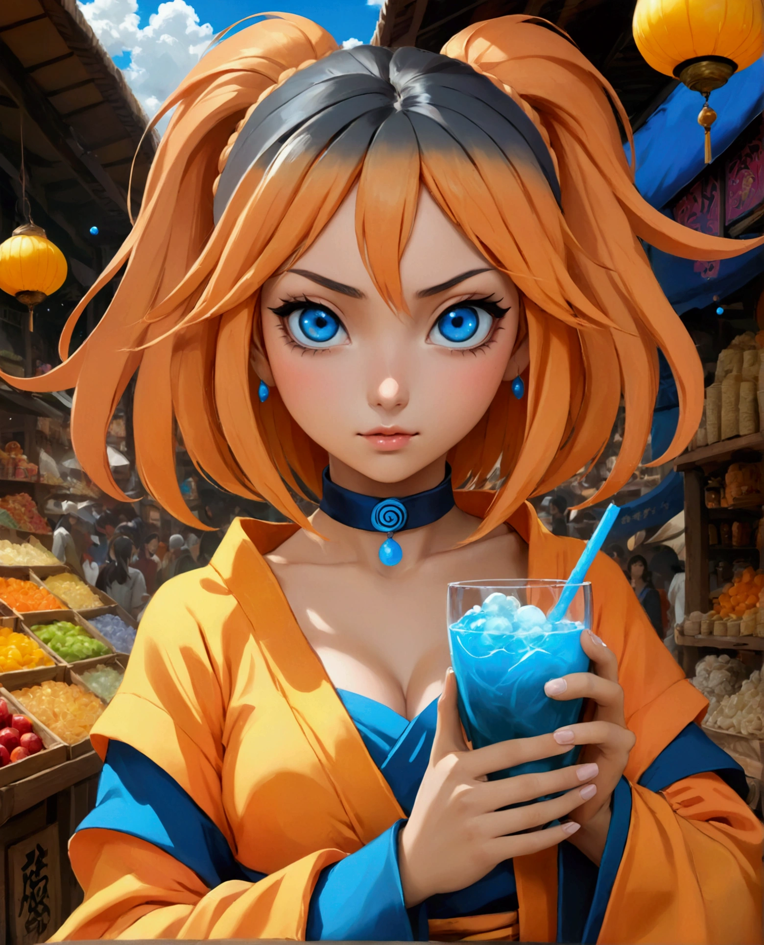 anime manga in 4D vivid colors high quality sombria art sexy seios duros rígidos empinados tits Naruto + nami lol fênix Portrait front view of a girl standing in a mystical marketplace with blue gold hair in a flowing ponytail in a dynamic pose she is holding a glass of bubbling potion out to the view blue eye in the background are busy vendors and magical light and smoke from the various market stalls anime style intricate detailed bright colors arco íris fantasy concept art digital art intricate oil on canvas