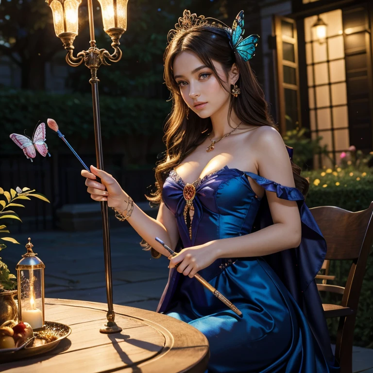 (​masterpiece, best quality:1.5), highest quality, High resolution, super detailed, Realists, Upper body photo of a brunette young magical girl, detailed and beautiful eyes, beautiful detailed lips, very detailed eyes and face, longeyelashes, shiny blue satin dress, Holding a magic wand in your hand, Cast a transformation spell, With her stick she turns spiders into butterflies, Glowing wands available,Beautiful and colorful makeup, elegant and noble々The jewelry bag, Gardens as background, soft daylight, bright colors, fine brushstrokes, Portrait style, Silk dress fabric, beautiful color palette, glowing skin, First-class rendering, that captures every detail, enchanting atmosphere, subtle shadows and lights, (perfect anatomy:1.2), (The stunning Magical Girl turns spiders into butterflies. on the table(a transformation with the magic wand:1.4), (magnificent panorama view:1.2)