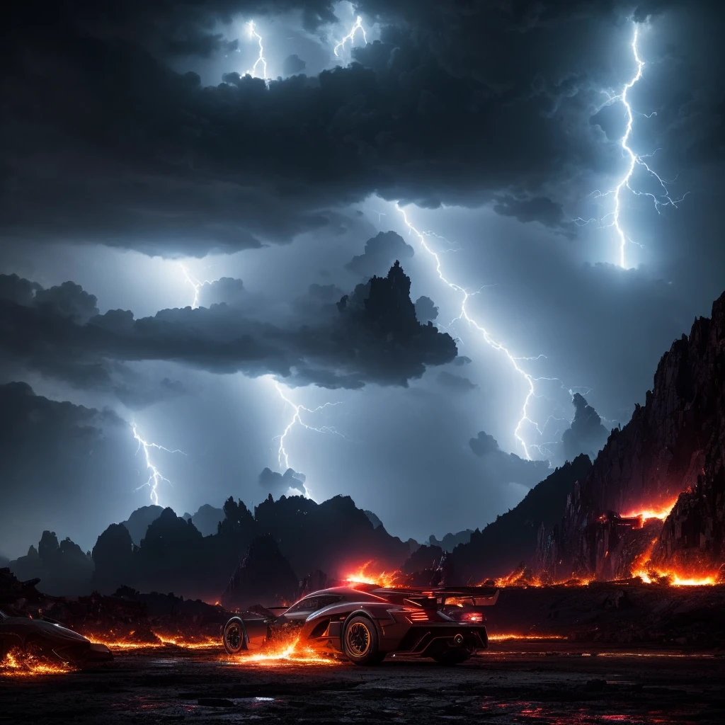 A realistic futuristic Formula 1 car looking powerful and ready to compete in an intergalactic race, with aggressive aerodynamic design,  Their rims are futuristic and feel like they are fast., The car must have wine red metallic colors with bright white accents that contrast and reflect the starlight. With the Inca ruins illuminated by the light of an exploding planet in the night sky.The atmosphere is thick and smoky., creating a dramatic contrast with the stars. style: hyperrealistic, cinematographic,HdR, cybernetic, Futurism.Heaven, dark and threatening, It is torn by lightning that illuminates the scene. In the background, a gigantic crack opens in the sky, revealing a burning alien planet, about to explode.