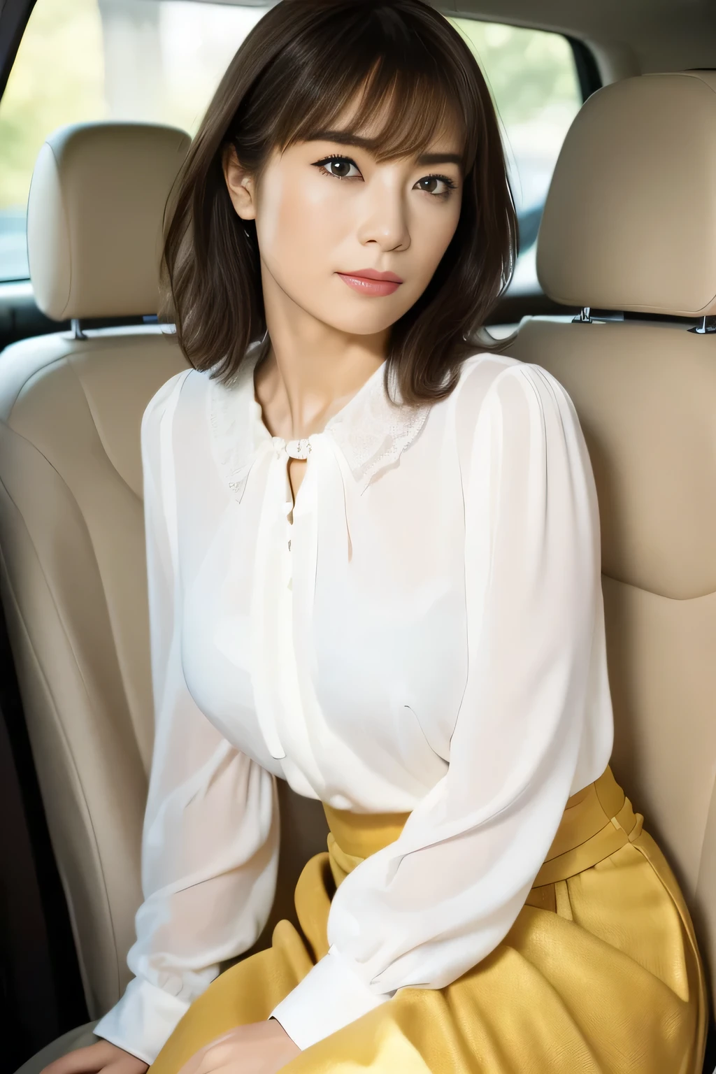 (masterpiece:1.5)、(Realistic:1.5)、(Highest quality:1.4、8k、RAW Photos)、 Ultra-high resolution、Professional Lighting、Perfect dynamic composition、Shot in the car、 Sitting in the passenger seat、Film Grain、chromatic aberration、(bokeh:1.1)、 Frank、Sophisticated、charm、超Realistic、Attention to detail、Golden Ratio、 (30-year-old Japan woman、1 person)、Slender girl、Delicate and charming girl、Very beautiful woman:1.4、 Serious expression、Looking at the camera、Sculptural installation、Light brown hair、Shiny Hair、Hairstyle: Short Bob、 Realistic looking skin、 shut up.、Beautiful Eyes、double eyelid、Thin arms、(Wearing a light blouse and a long skirt:1.3)、Beautiful breasts