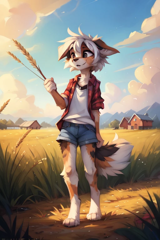 High quality, 8K, by kenket, by swaybat, by reysi, by Zackary911, by hyattlen, by teranen, by fumiko, by Pixelsketcher, by Bayard Wu, by Einshelm, by Kilinah, by Hioshiru, by fluff-kevlar, by Dimwitdog, Furry, Anthro, solo, ((australian shepard)), ((female)), ((young)), fluffy tail, slender, ((short white hair)), chest fluff, short, small breasts, swimming, shorts, long sleve flannel shirt, wheat field stretching into the horizon, summer, farm, wooden fence