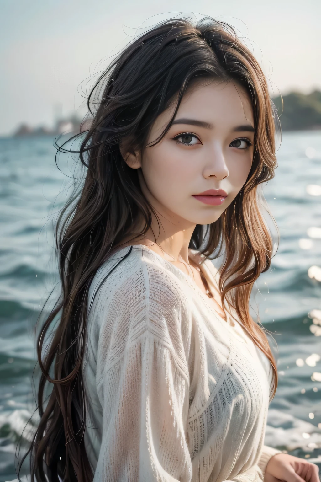 foreground: a beautiful woman , wet wavy hair in the wind. She is a men's magazine model, She has a subtle smile and flirts with the camera, (She wears a casual shirt with a knitted sweater and latex pants with a big belt:1.2), Scotland Loch background landscape and Scottish castle ruins, (in the light of the sunset:1.2), , perfects eyes, perfect hands, perfectbody, perfect hair, perfect big breast, Hair behind the ear, ultra HD, retina, work of art, precise, anatomically correcte, texturized skin, super detaill, High details, high qualiy, awardwinning, best qualityer, high resolution, 16K, 8k,