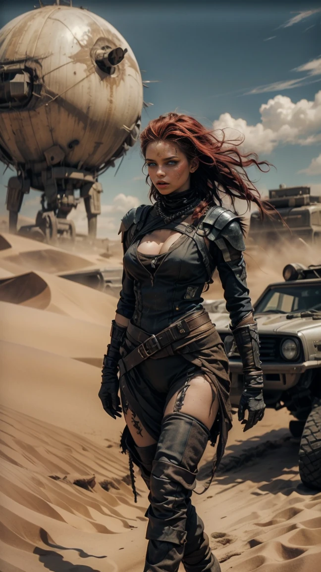 A hyperrealistic image at a high angle of: ((A sexy woman with pale skin, with blue purple white dreadlocks and green eyes, wears sexy, tight, cameltoe, post-apocalyptic clothes in the style of Mad Max, torn and with great cleavage, black metal scrap armor, wear white blue dreadlocks thorn beads)), (Long white hair tousled, dirty), with gothic makeup, wide black smeared eyeshadow, stop in the desert on the dunes, proud, pride, canosa, athletic and scarred body, disheveled red hair with dreadlocks and black metal beads and thorns. she is standing next to her battle car like Furiosa from the Mad Max saga, auto robusto oxidado y dirty lleno de picos y armas, desolate desert landscape. She is standing walking through the dunes of the post-apocalyptic desert, raytraced, wind, desolate and desert landscape, (aesthetics and atmosphere:1.2), can, annoyed, vengeful, glowing red eyes like flames,Wide plan, Whole body. (raw photo, Best Quality), (realist, photo-realist:1.3), masterpiece, an extremely perfect and beautiful fully tattooed body, extremely detailed pale body, Best quality score, ultra dynamic pose, close up, high view, desertic and dark atmosphere, hate pose, fist clenched in anger, decertic dunes, fist clenched in anger, barbed wire.