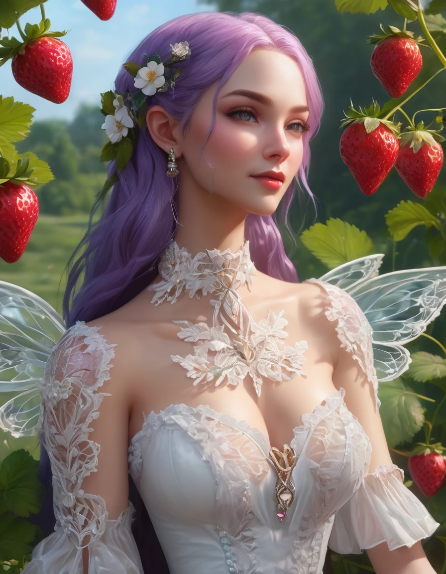 high details, best quality, 16k, RAW, [best detailed], masterpiece, best quality, (extremely detailed), full body, ultra wide shot, photorealistic, dark fantasy art, goth art, RPG art, D&D art, a picture of a female fairy resting in a (field of strawberries: 1.3), extremely beautiful fairy, ultra feminine (intense details, Masterpiece, best quality), best detailed face (intense details, Masterpiece, best quality), having wide butterfly wings, spread butterfly wings (intense details, Masterpiece, best quality), white and purple wings (intense details, Masterpiece, best quality),  dynamic hair color, dynamic hair style dynamic skin complexion, shy smile, innocent smile, blue eyes, dark red lips, wearing ((white: 1.5)) lace dress (intense details, Masterpiece, best quality), ((white lace: 1.5)) corset (intense details, Masterpiece, best quality), dynamic elegant shirt, chocker, wearing high heels, in a field of strawberries (intense details, Masterpiece, best quality), (extreme many strawberries) (intense details, Masterpiece, best quality), dark colorful flowers (intense details, Masterpiece, best quality), flower meadow in a dark goth field background, dim light, cinematic light, High Detail, Ultra High Quality, High Resolution, 16K Resolution, Ultra HD Pictures, 3D rendering Ultra Realistic, Clear Details, Realistic Detail, Ultra High Definition, rpg portrait, fairy wings,
