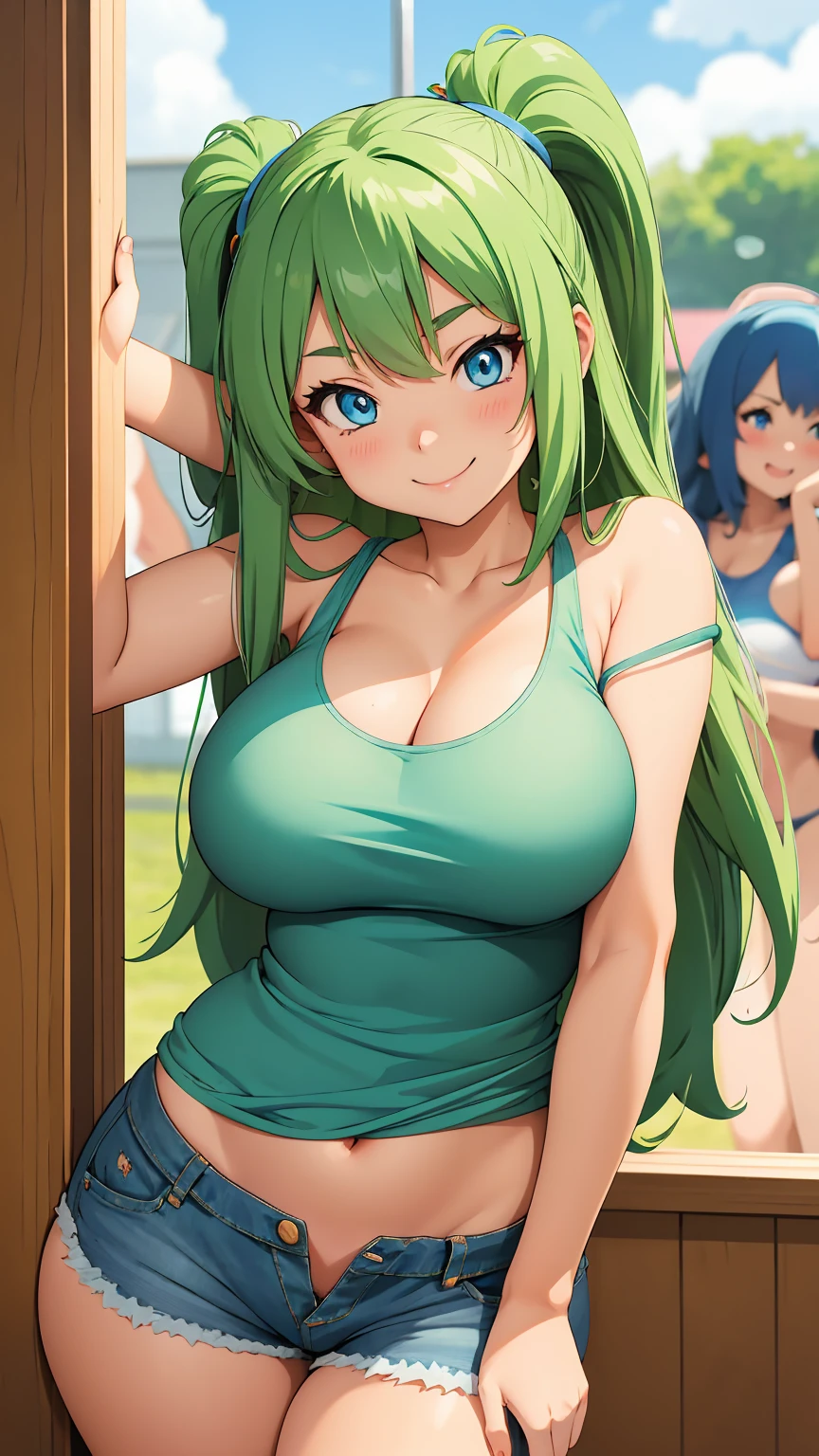 Anime girl, blue eyes, green long hair, muy voluptuosa, teen, big breast, shy smile, wallpaper, cute Drop-shoulder tank top, denim shorts, strap, breasts bounce, house,