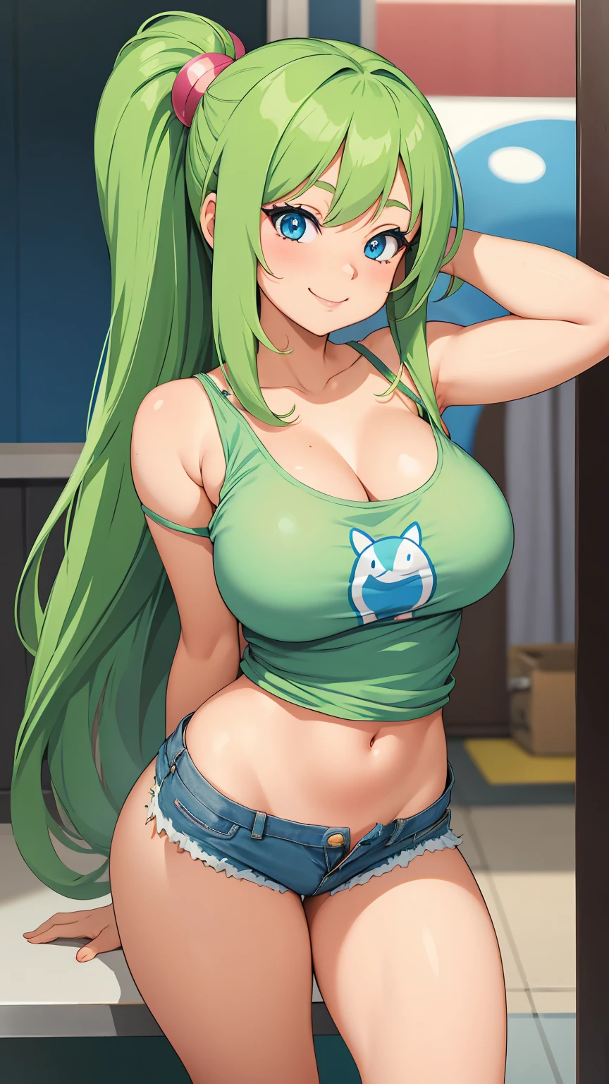 Anime girl, blue eyes, green long hair, muy voluptuosa, , big breast, shy smile, wallpaper, cute Drop-shoulder tank top, denim shorts, strap, breasts bounce, house,