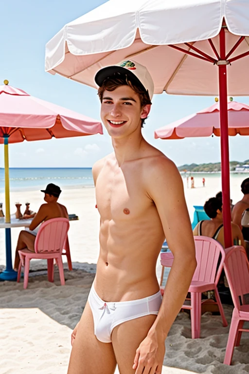 A young man, Beautiful, handsome, skinny, nude white, ice cream server with pink hat on the beach and an ice cream parlor behind