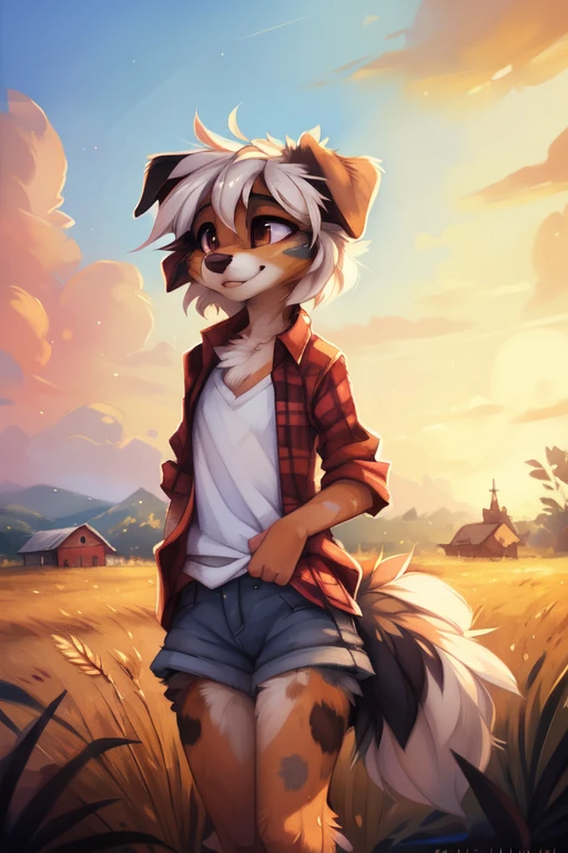High quality, 8K, by kenket, by swaybat, by reysi, by Zackary911, by hyattlen, by teranen, by fumiko, by Pixelsketcher, by Bayard Wu, by Einshelm, by Kilinah, by Hioshiru, by fluff-kevlar, by Dimwitdog, Furry, Anthro, solo, ((australian shepard)), ((female)), ((young)), fluffy tail, slender, ((short white hair)), chest fluff, short, small breasts, swimming, shorts, long sleve flannel shirt, wheat field stretching into the horizon, summer, farm, wooden fence