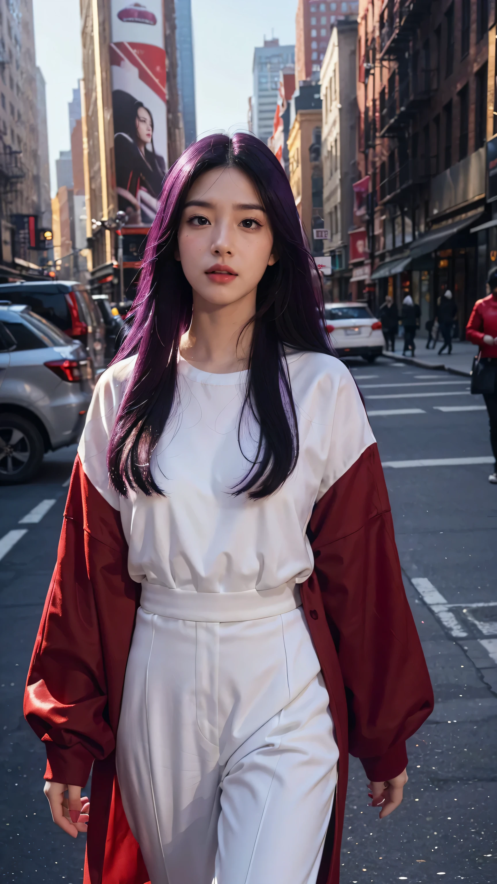 mid shot, white Asian woman, (long black and purple hair), (red outfit), (detailed face), beautiful eyes, lips, nose, (detailed skin), beautiful facial features, (walking in middle of new york), detailed surrounding, natural lighting, high quality, ((photorealistic,extremely detailed) ,8k,masterpiece,bright colors, cinematic lighting, ((no blurry))
