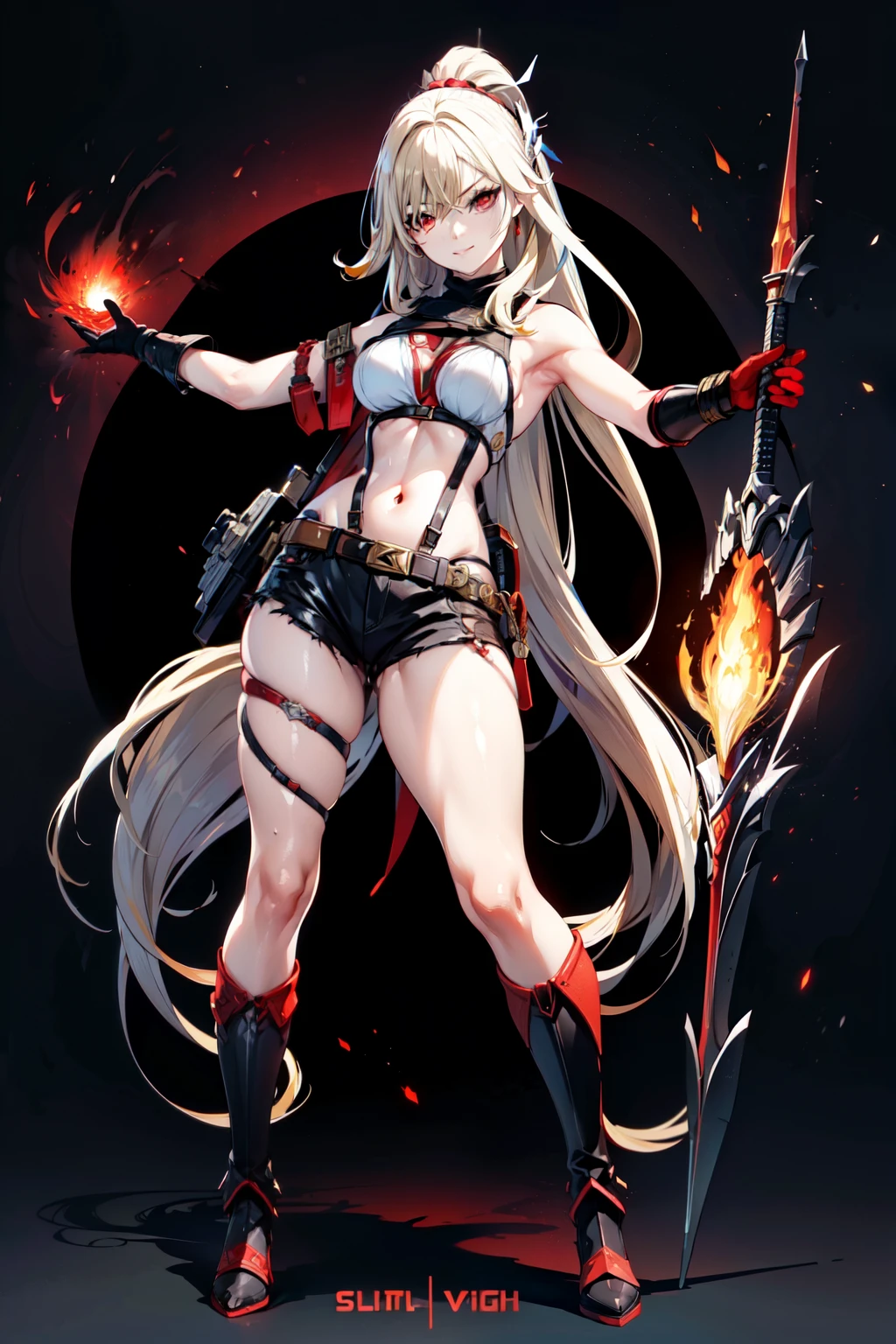 (masterpiece, best quality:1.2), red glowing eyes, red eyes, the eyes are red, perfect face, , strong make up, highres, 1 girl, solo, ultra long ponytail, (female:1.5), strife, blonde hair, shoulder armor, sleeveless turtleneck, suspenders, belt, gloves, bracer, evil smile, standing, portrait, looking at viewer, giant sword on the back, long leather boots, fullbody shot