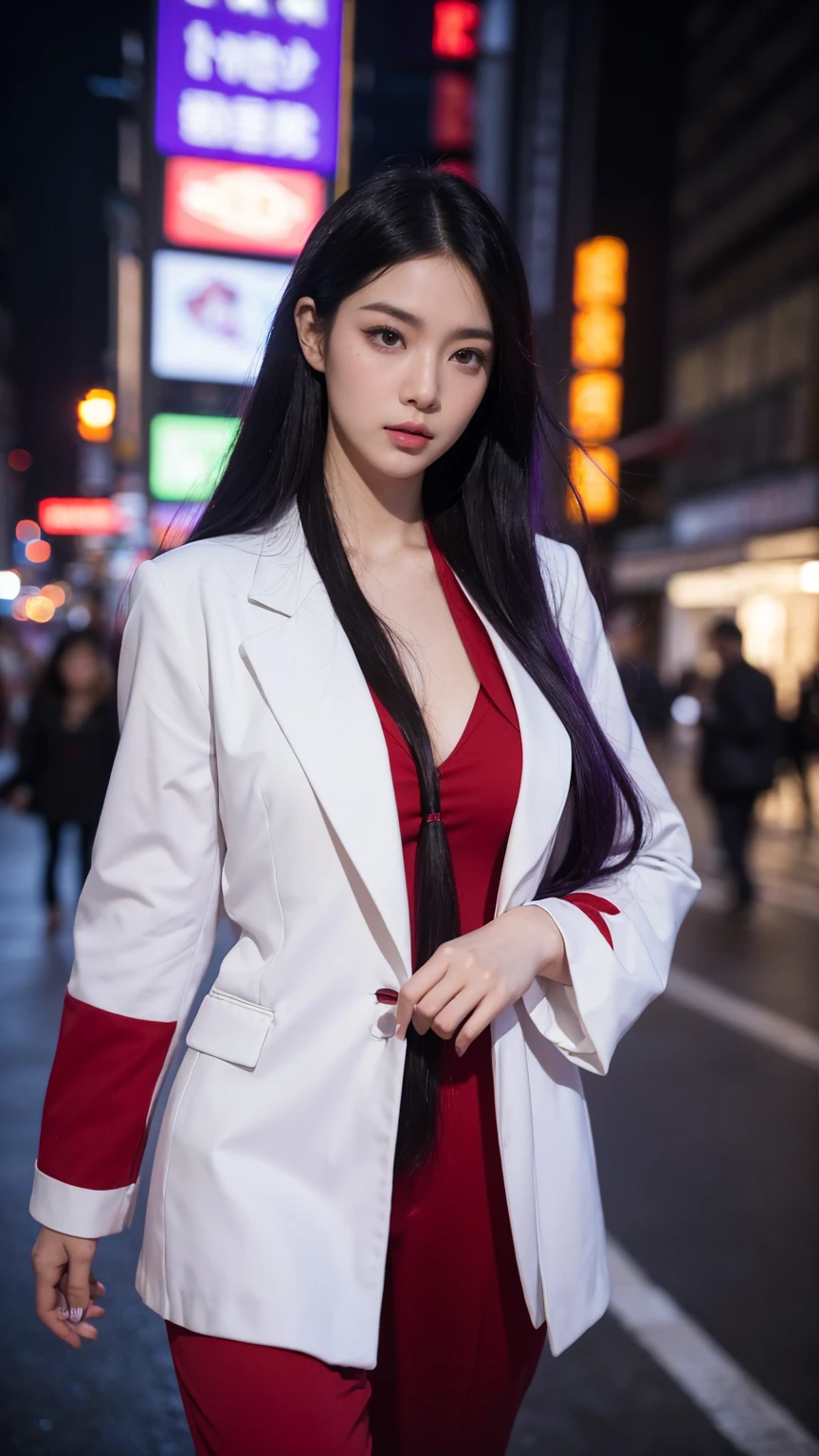 mid shot, white Asian woman, (long black and purple hair), (red outfit), (detailed face), beautiful eyes, lips, nose, (detailed skin), beautiful facial features, (walking in middle of new york), detailed surrounding, natural lighting, high quality, ((photorealistic,extremely detailed) ,8k,masterpiece,bright colors, cinematic lighting, ((no blurry))