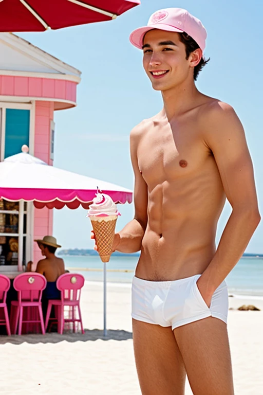 A young man, Beautiful, handsome, skinny, nude white, ice cream server with pink hat on the beach and an ice cream parlor behind