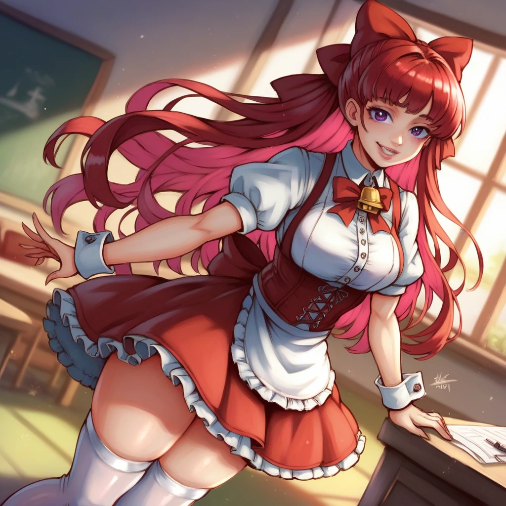 beautiful 1girl with long red hair and purple eyes, highly detailed, wearing a red corset, gakuran, apron, red neck ribbons, red skirt, hair bow, short sleeves, wrist cuffs, white thighs, ringing bells, solo, best quality, 4k, 8k, highres, masterpiece:1.2, ultra-detailed, realistic, photorealistic:1.37, HDR, UHD, studio lighting, ultra-fine painting, sharp focus, physically-based rendering, extreme detail description, professional, vivid colors, bokeh