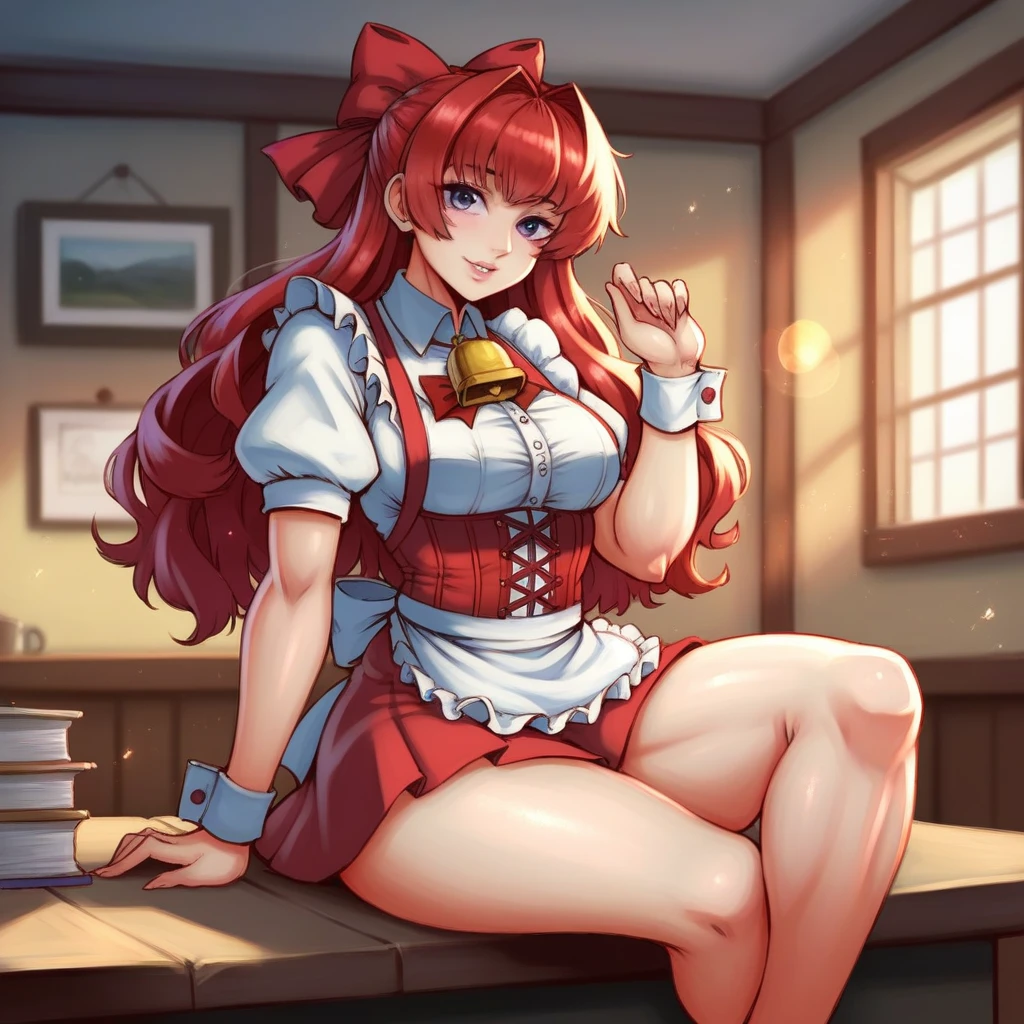 beautiful 1girl with long red hair and purple eyes, highly detailed, wearing a red corset, gakuran, apron, red neck ribbons, red skirt, hair bow, short sleeves, wrist cuffs, white thighs, ringing bells, solo, best quality, 4k, 8k, highres, masterpiece:1.2, ultra-detailed, realistic, photorealistic:1.37, HDR, UHD, studio lighting, ultra-fine painting, sharp focus, physically-based rendering, extreme detail description, professional, vivid colors, bokeh