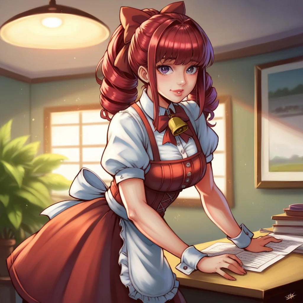 beautiful 1girl with long red hair and purple eyes, highly detailed, wearing a red corset, gakuran, apron, red neck ribbons, red skirt, hair bow, short sleeves, wrist cuffs, white thighs, ringing bells, solo, best quality, 4k, 8k, highres, masterpiece:1.2, ultra-detailed, realistic, photorealistic:1.37, HDR, UHD, studio lighting, ultra-fine painting, sharp focus, physically-based rendering, extreme detail description, professional, vivid colors, bokeh