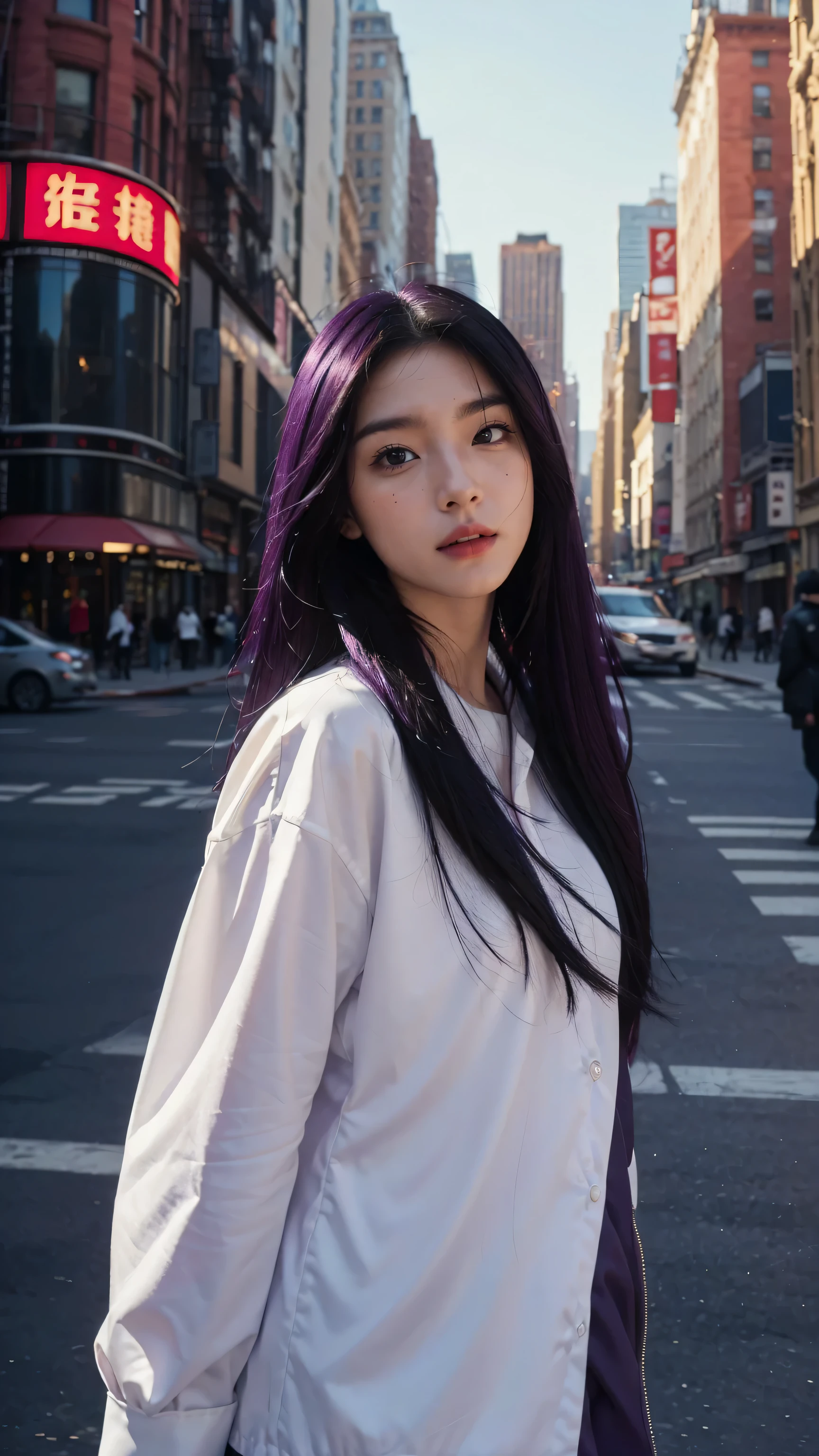 mid shot, white Asian woman, (long black and purple hair), (red outfit), (detailed face), beautiful eyes, lips, nose, (detailed skin), beautiful facial features, (walking in middle of new york), detailed surrounding, natural lighting, high quality, ((photorealistic,extremely detailed) ,8k,masterpiece,bright colors, cinematic lighting, ((no blurry))