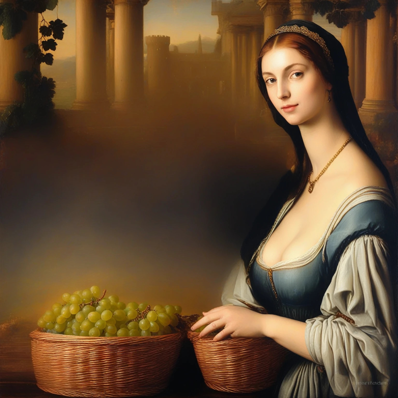 painting of a woman holding a basket of grapes in front of a painting of a castle, renaissance digital painting, renaissance oil painting, renaissance style painting, in a renaissance style, realistic renaissance portrait, renaissance painting style, in renaissance style, in a high renaissance style, renaissance painting”, in style of old painting, inspired by Francesco Hayez, renaissance oil portrait, renaissance art style